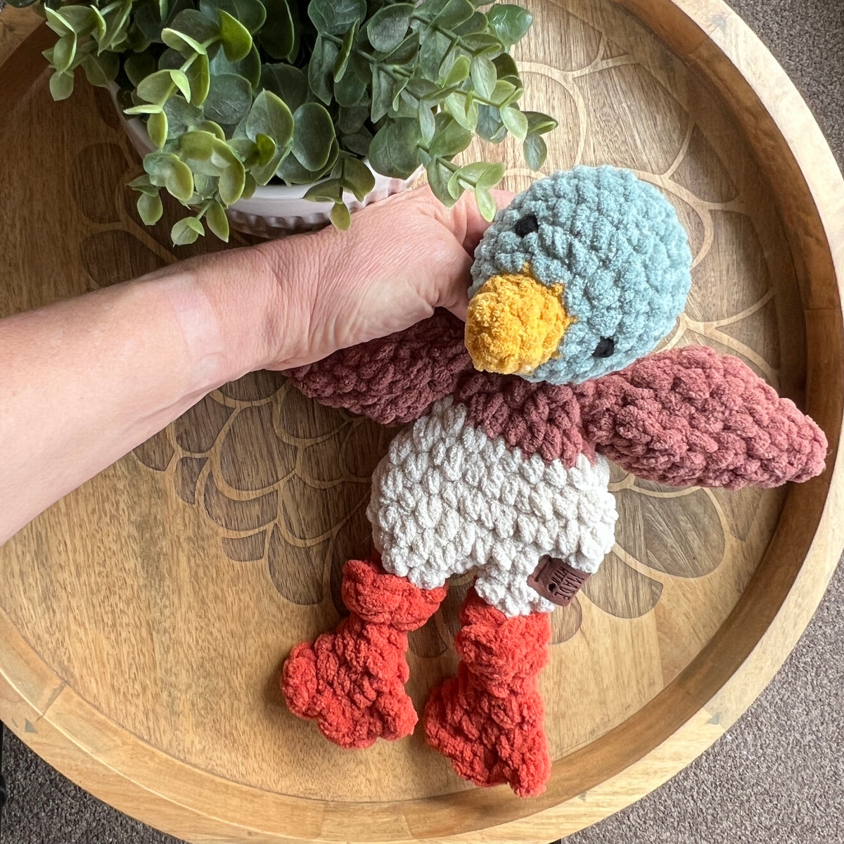 Handmade crochet Mini mallard Duck modern lovey with knotted legs.