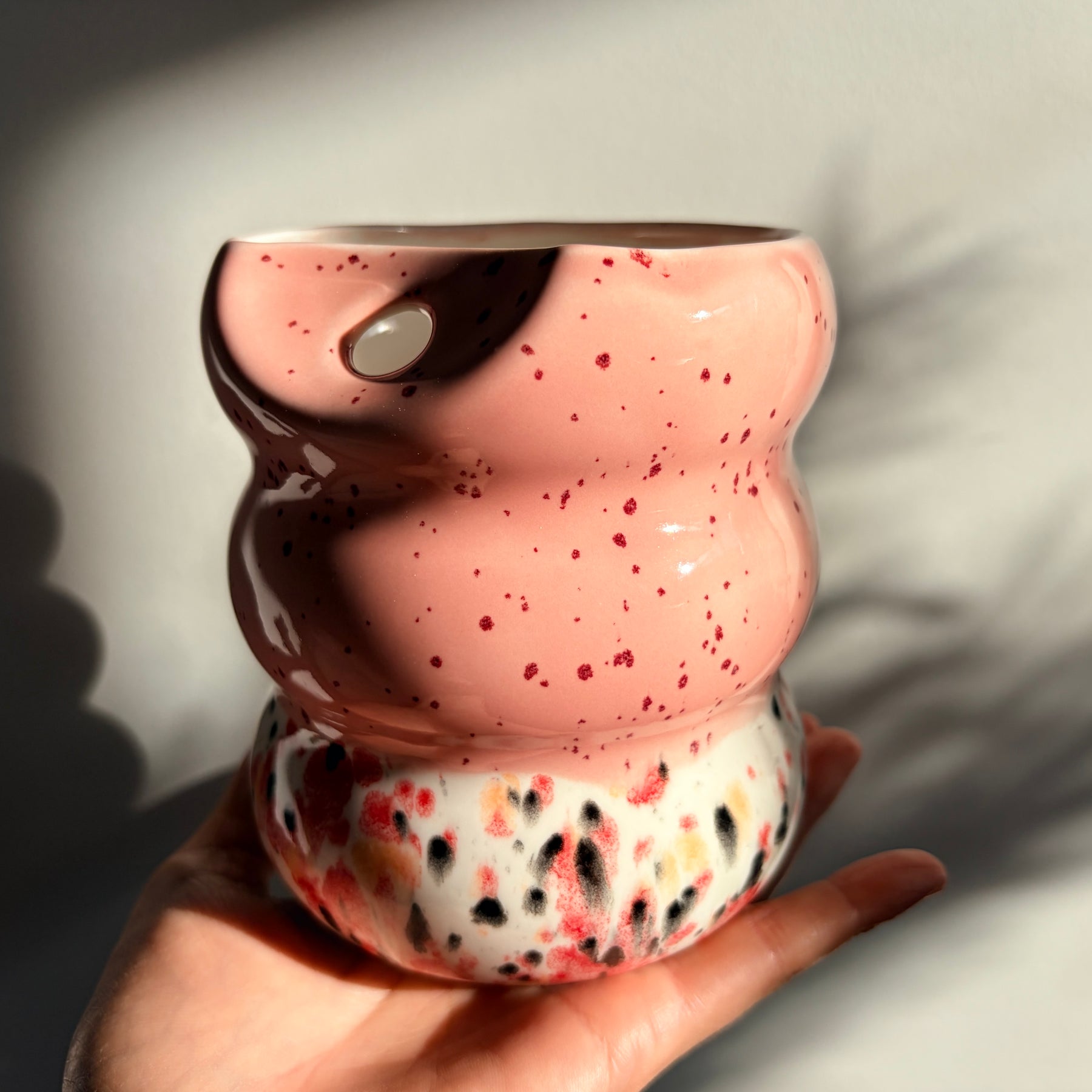 Handcrafted Porcelain Tumbler with Silicon Straw, 600mL Bubble Cup in Strawberry Boba Glaze
