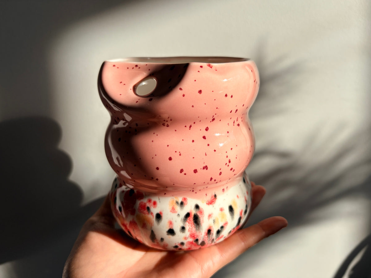 Handcrafted Porcelain Tumbler with Silicon Straw, 600mL Bubble Cup in Strawberry Boba Glaze