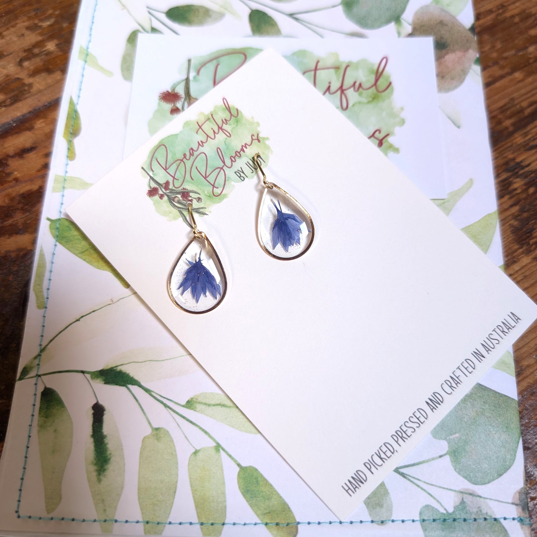 Real Cornflower Petal Resin Teardrop Earrings