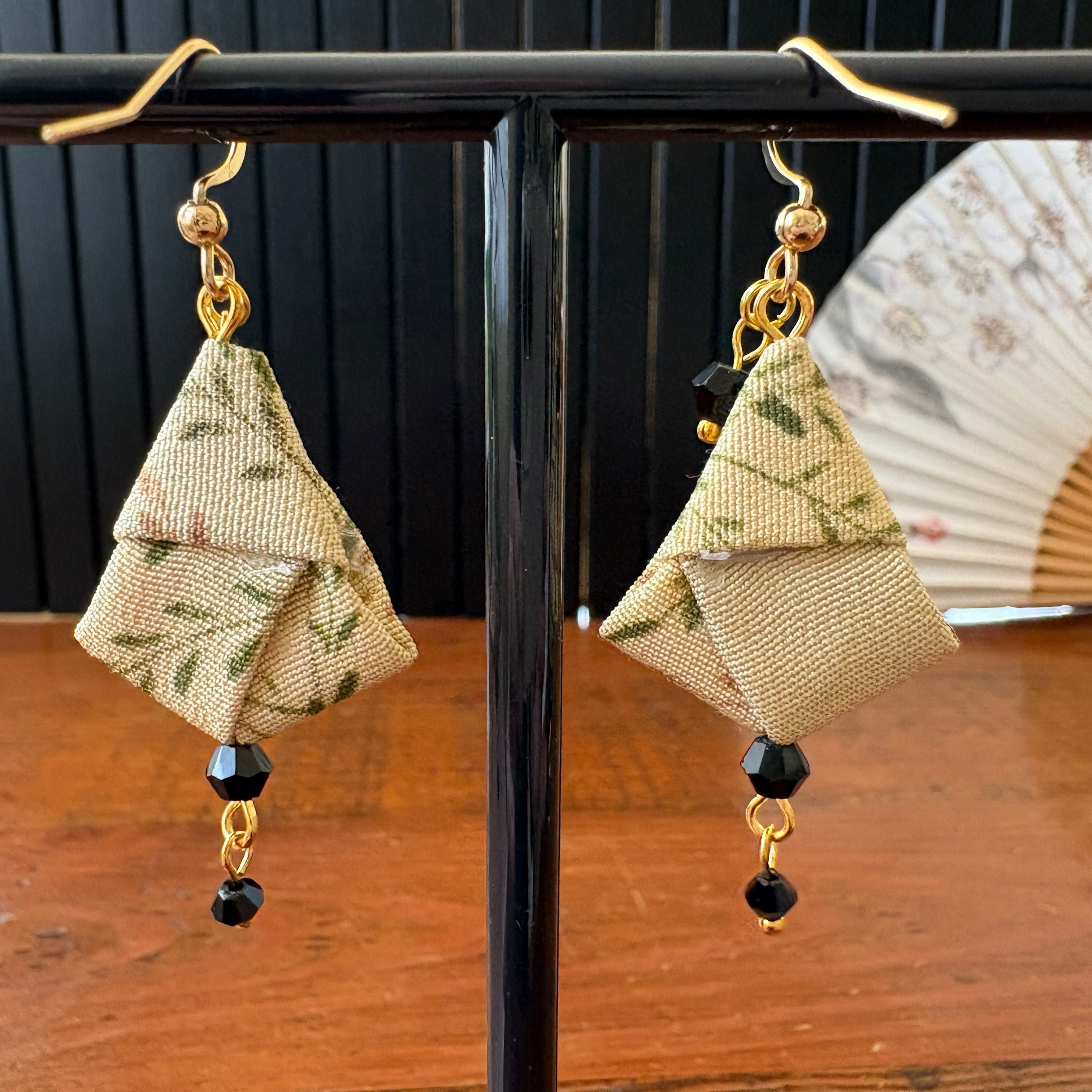 Origami Silk Kimono Earrings – Upcycled Japanese Fabric – Gold and Earthy Greens