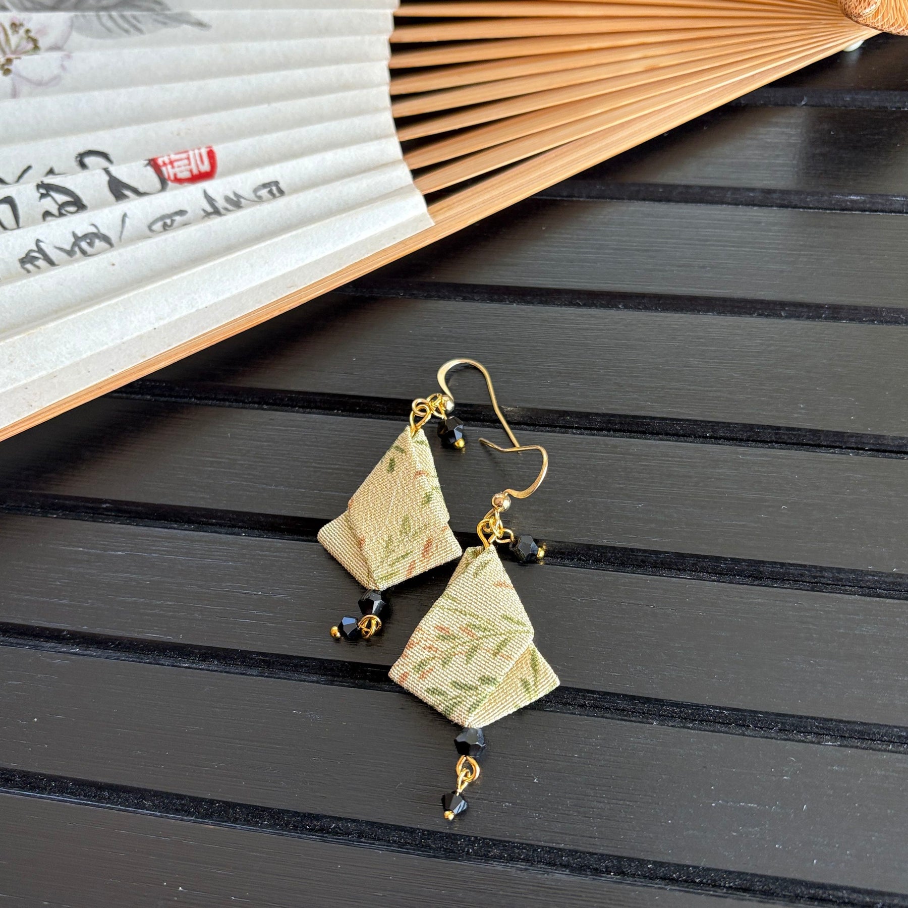 Origami Silk Kimono Earrings – Upcycled Japanese Fabric – Gold and Earthy Greens
