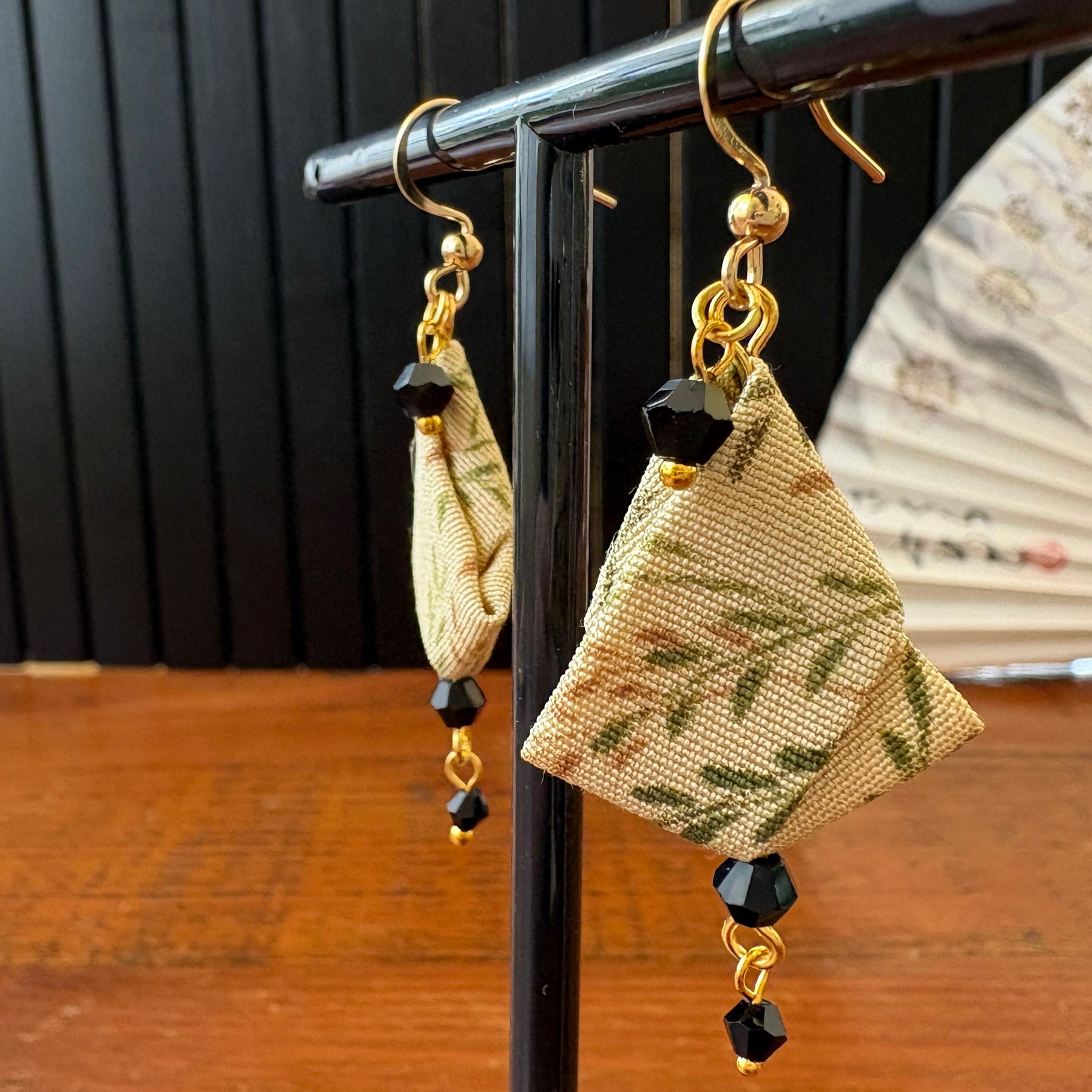 Origami Silk Kimono Earrings – Upcycled Japanese Fabric – Gold and Earthy Greens