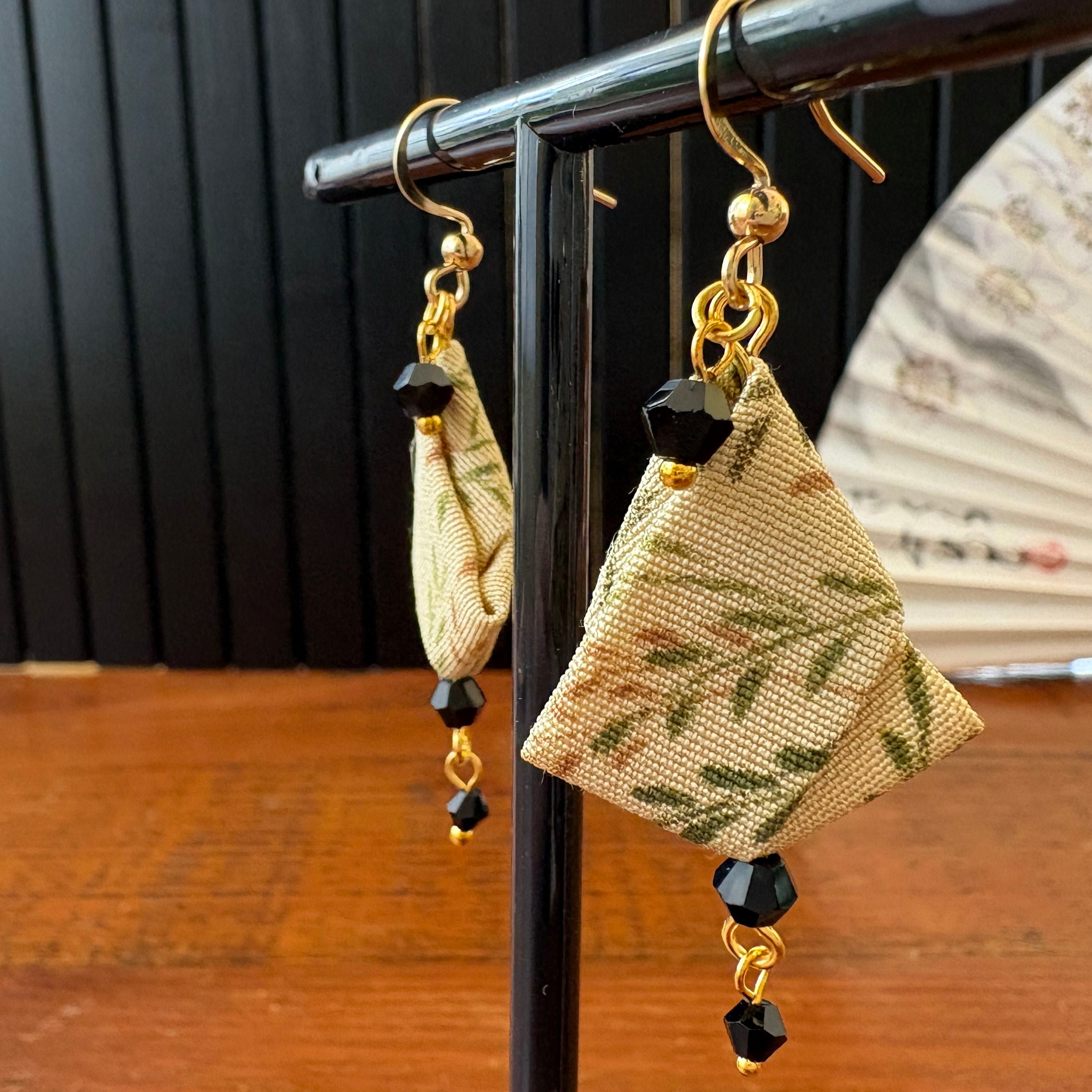 Origami Silk Kimono Earrings – Upcycled Japanese Fabric – Gold and Earthy Greens
