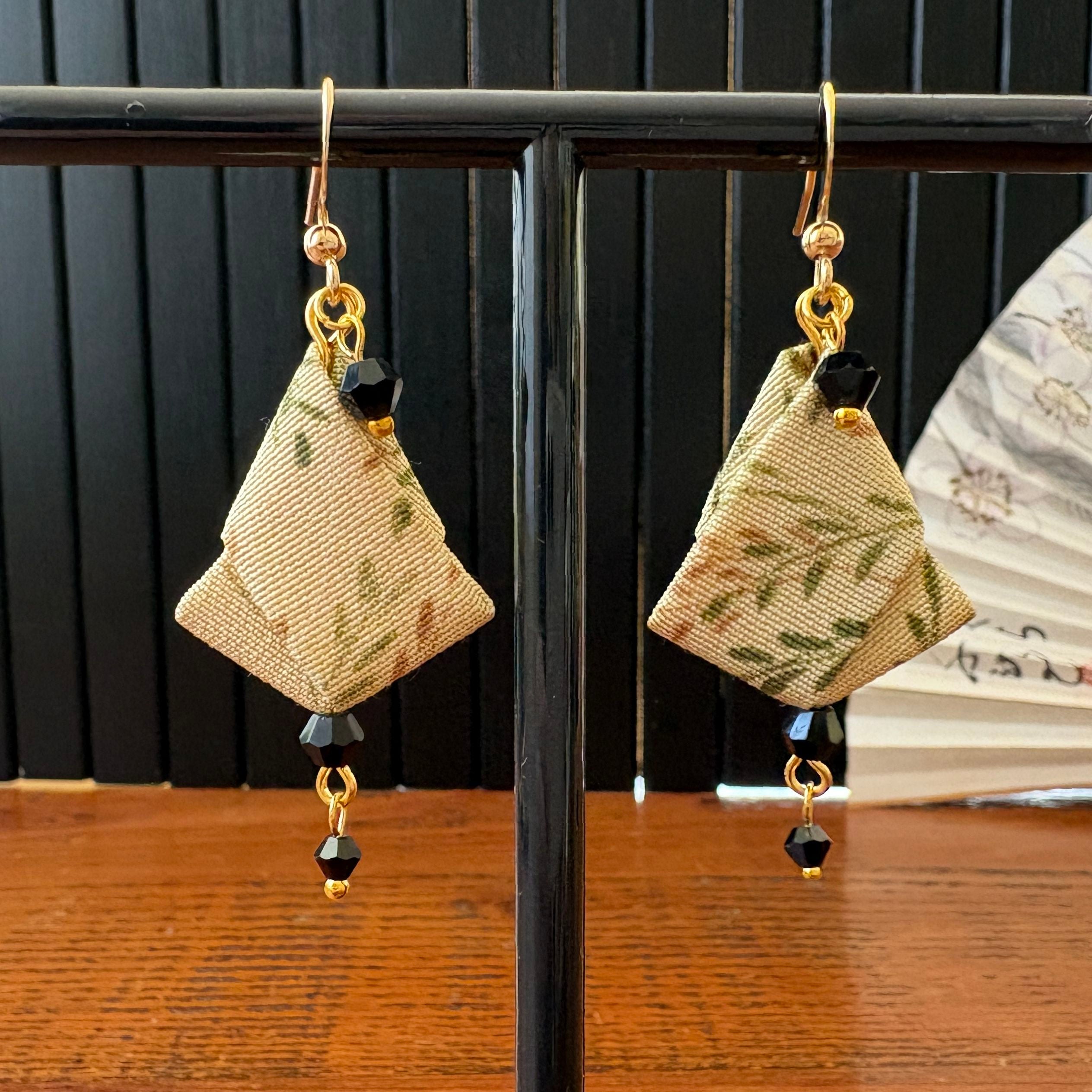 Origami Silk Kimono Earrings – Upcycled Japanese Fabric – Gold and Earthy Greens