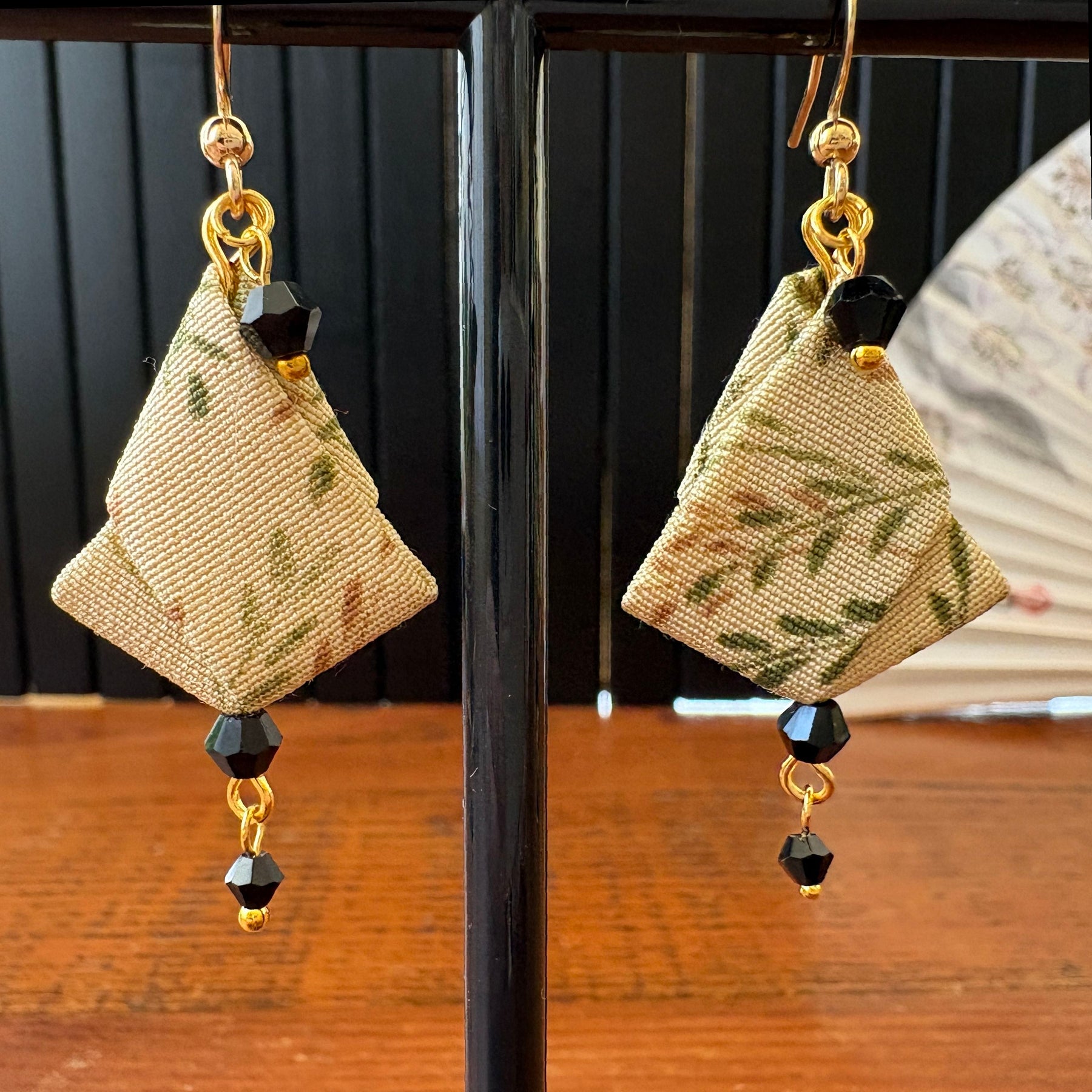 Origami Silk Kimono Earrings – Upcycled Japanese Fabric – Gold and Earthy Greens