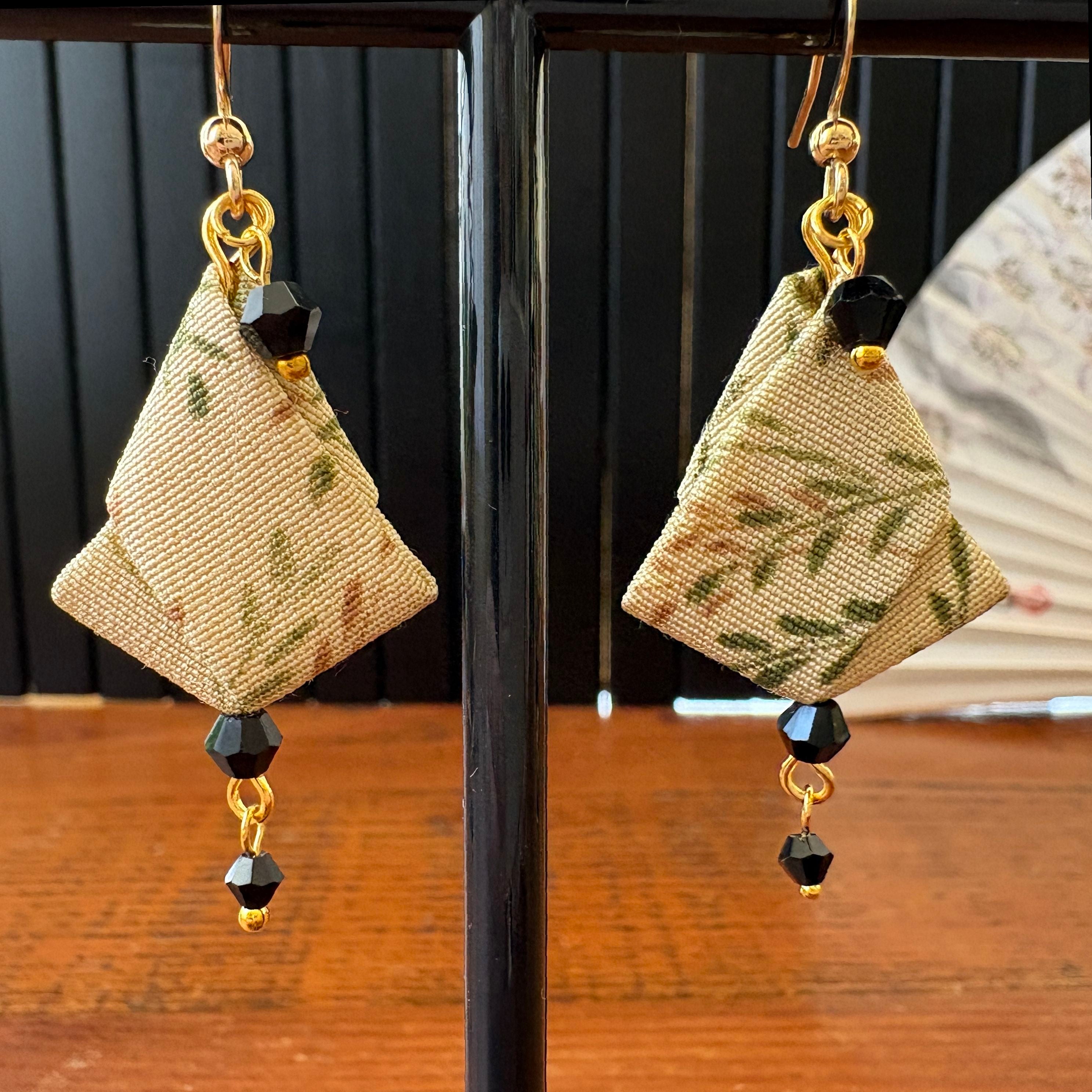 Origami Silk Kimono Earrings – Upcycled Japanese Fabric – Gold and Earthy Greens