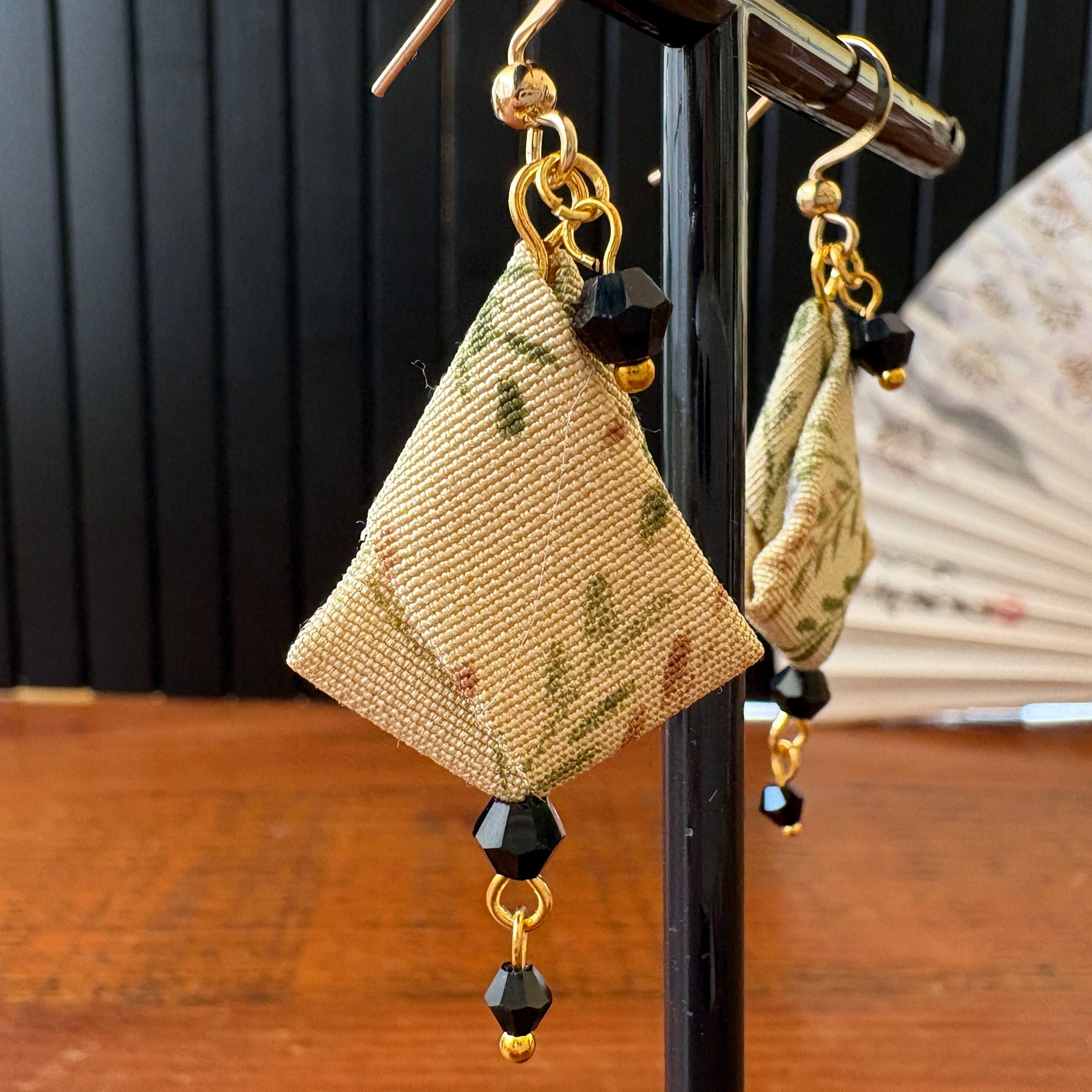 Origami Silk Kimono Earrings – Upcycled Japanese Fabric – Gold and Earthy Greens