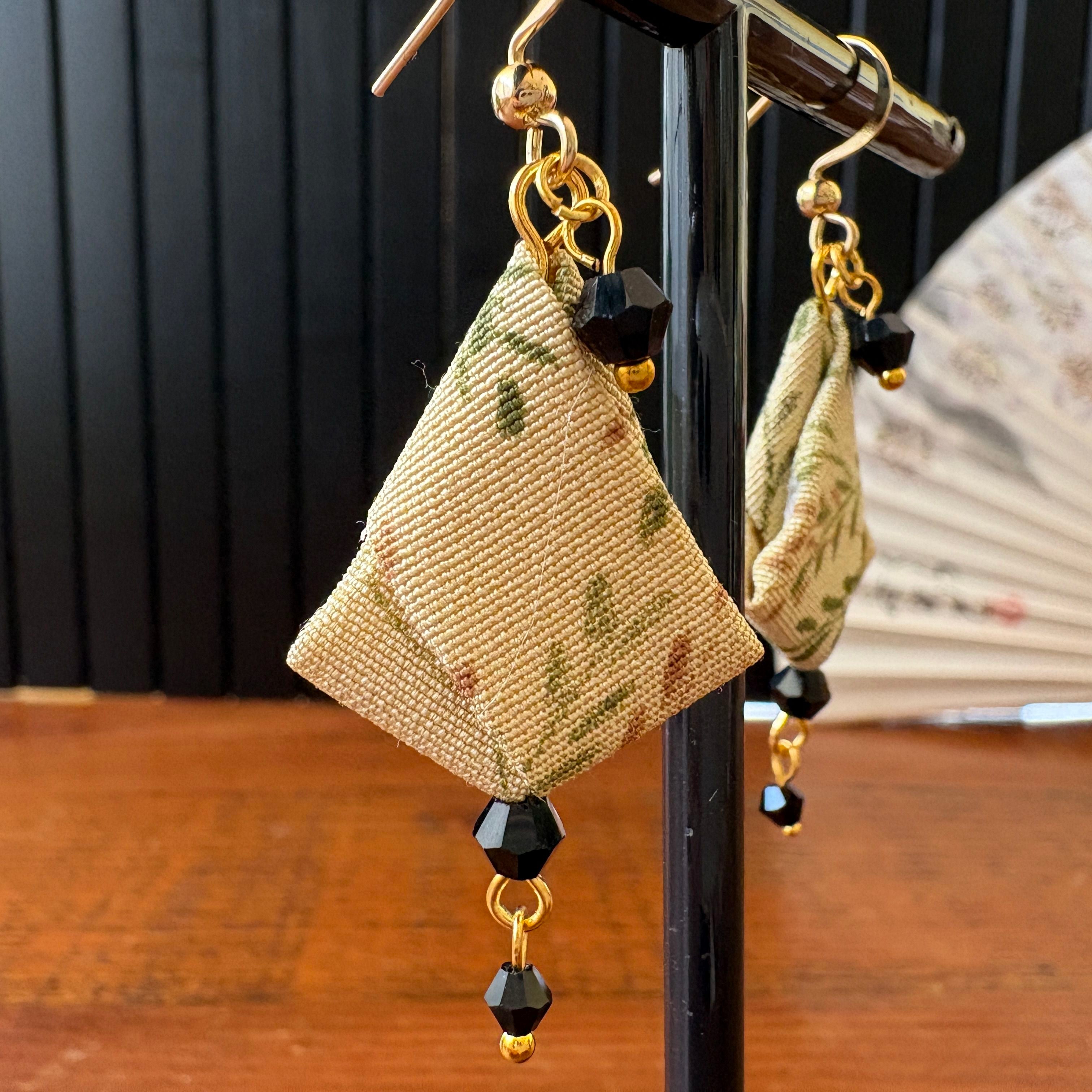 Origami Silk Kimono Earrings – Upcycled Japanese Fabric – Gold and Earthy Greens