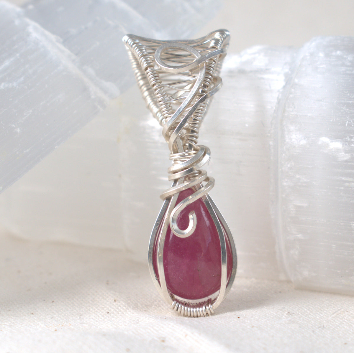 October Rose – Natural Rose Tourmaline Pendant in Silver-Filled Wire