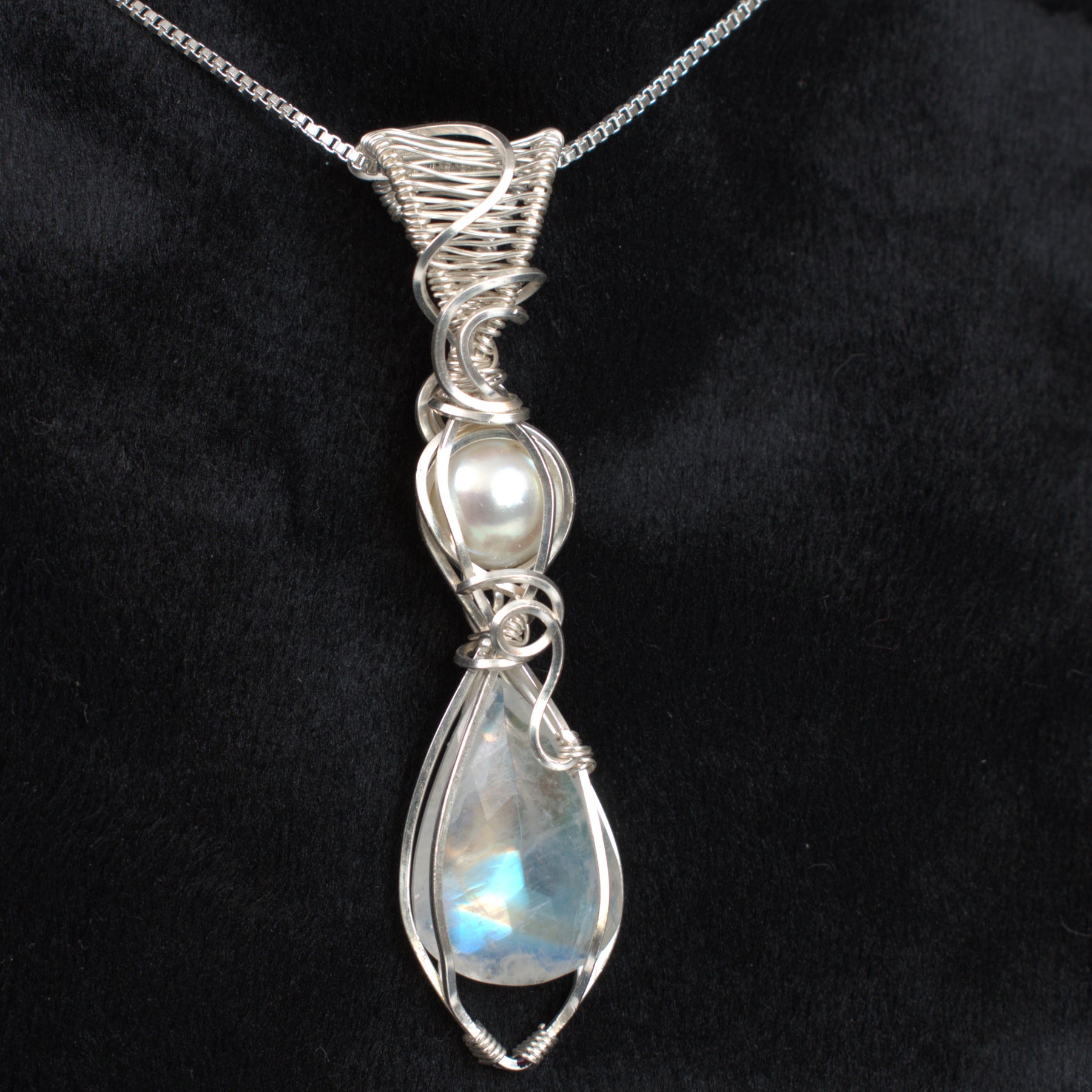 Moonlight Grace - Rainbow Moonstone & Pearl Wire Wrapped Pendant