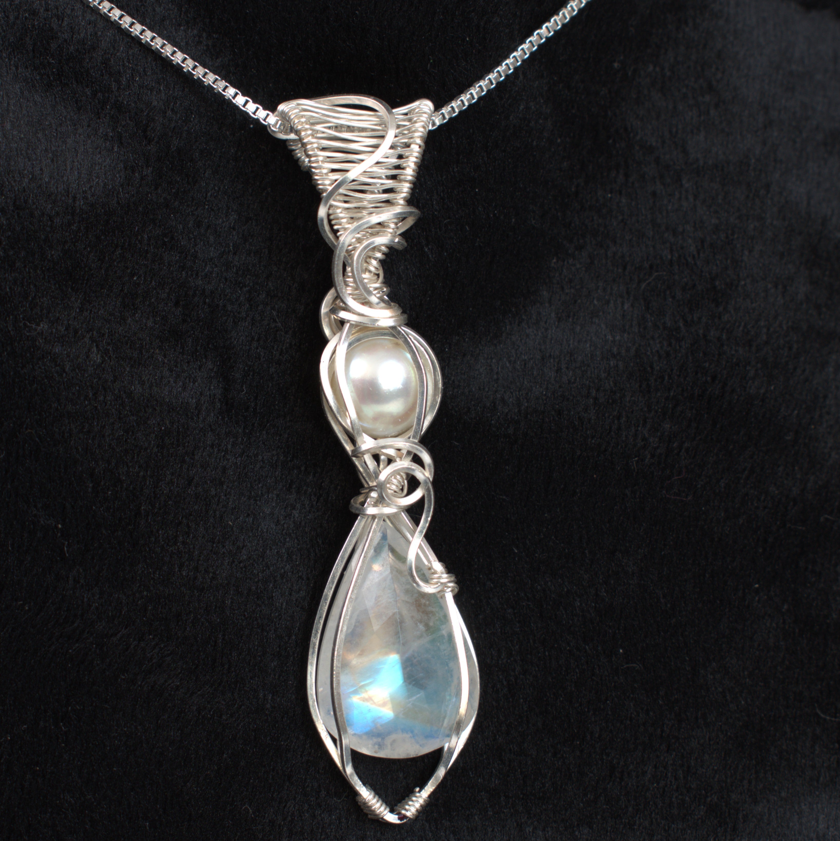 Moonlight Grace - Rainbow Moonstone & Pearl Wire Wrapped Pendant