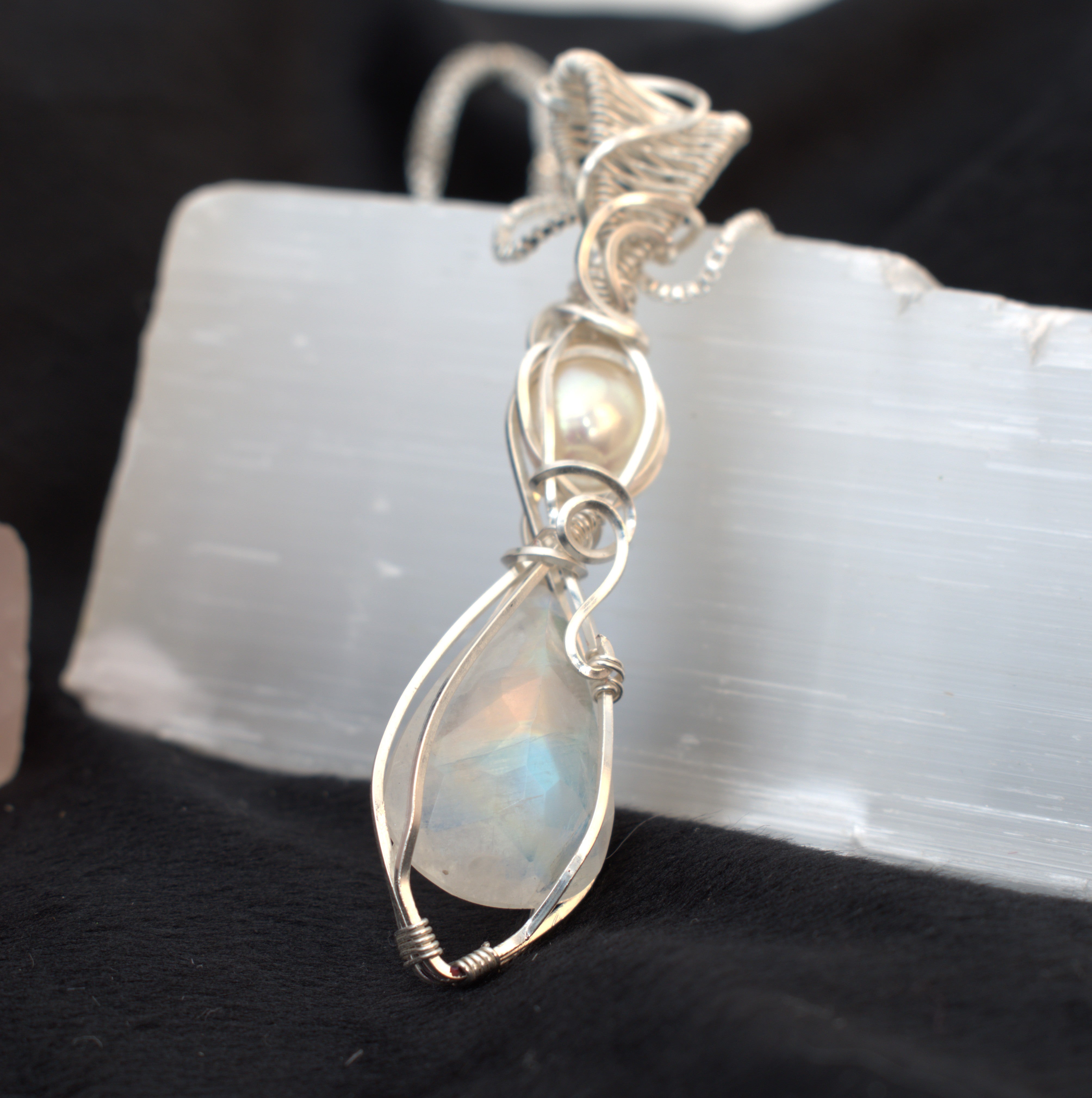 Moonlight Grace - Rainbow Moonstone & Pearl Wire Wrapped Pendant