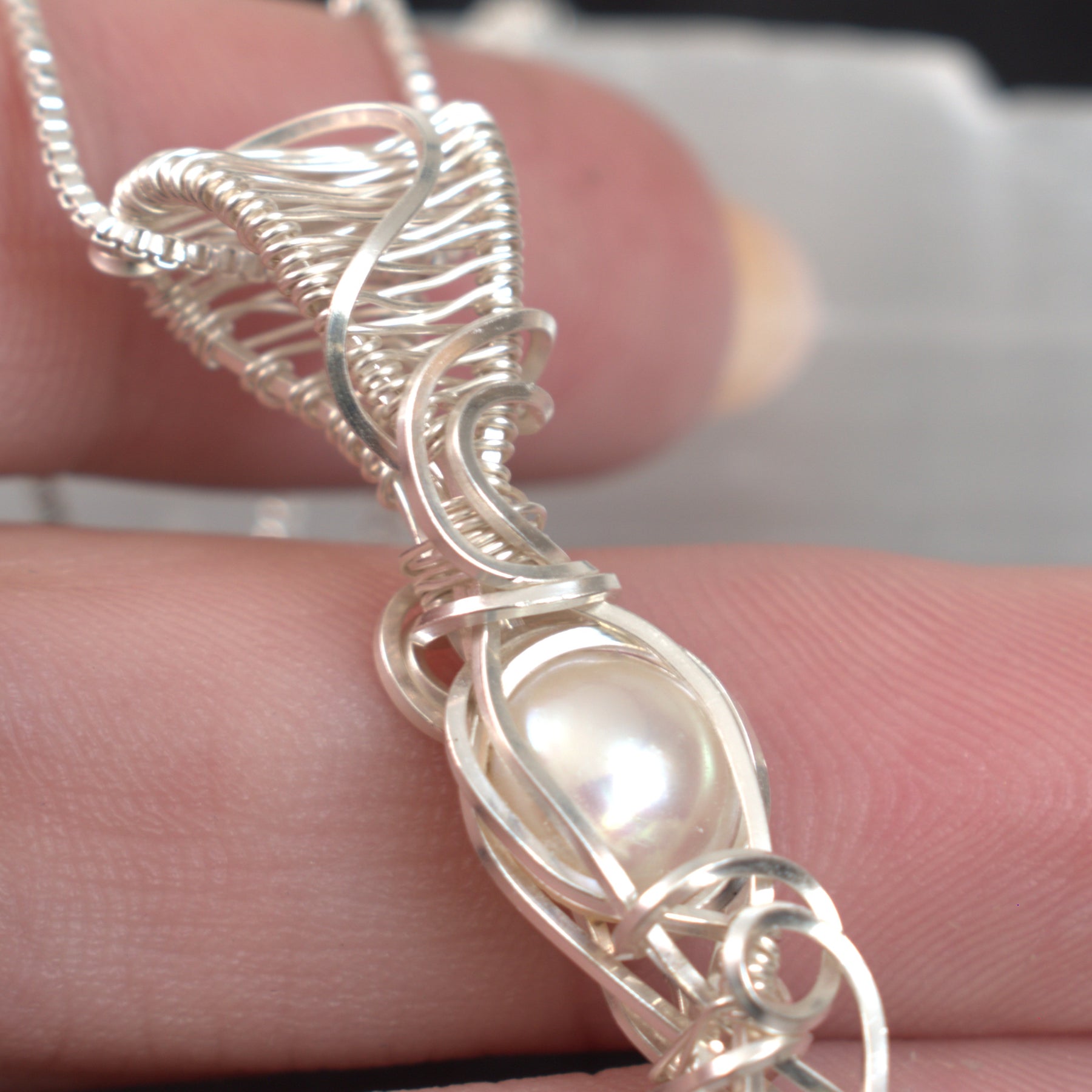 Moonlight Grace - Rainbow Moonstone & Pearl Wire Wrapped Pendant