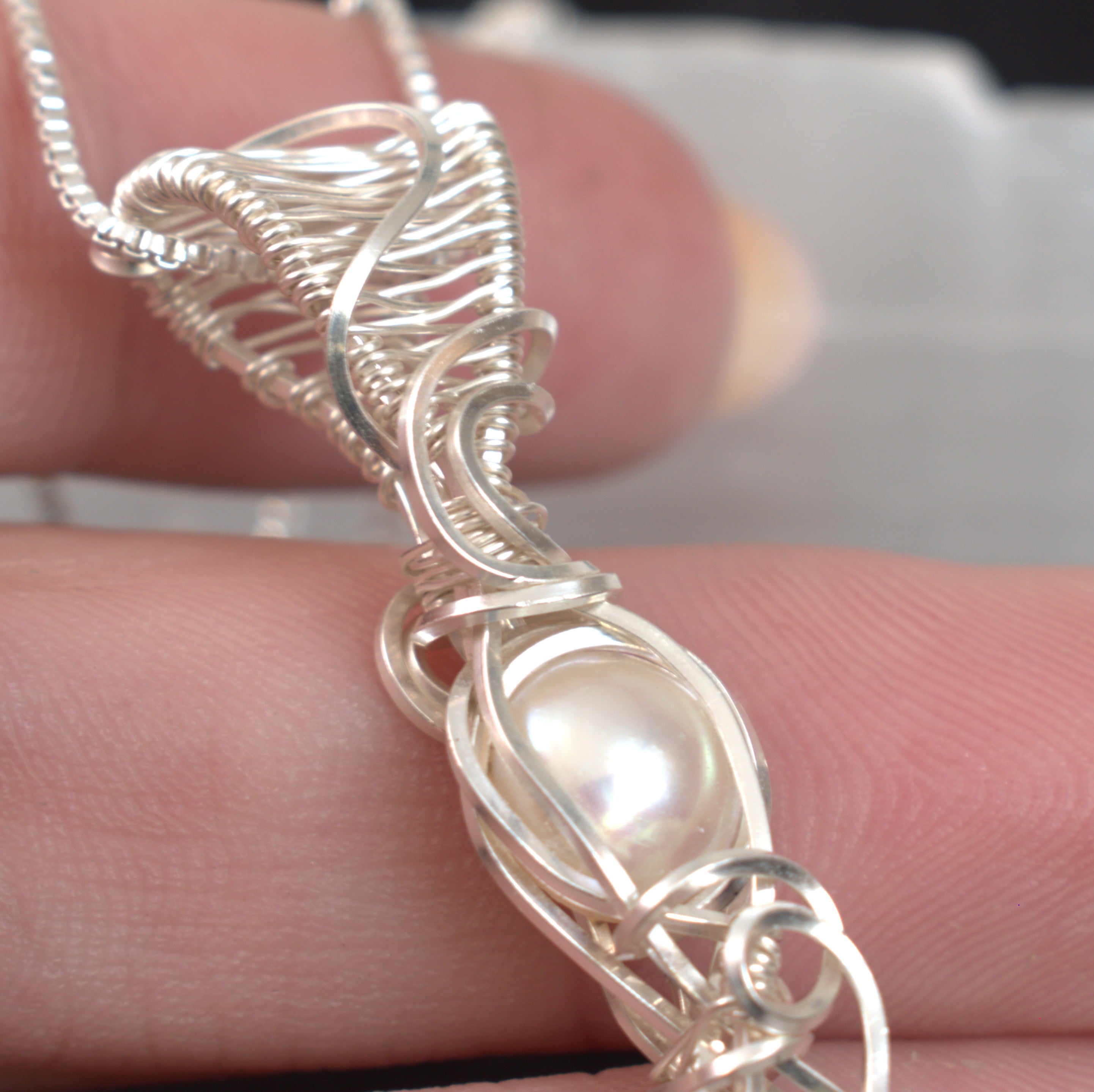 Moonlight Grace - Rainbow Moonstone & Pearl Wire Wrapped Pendant