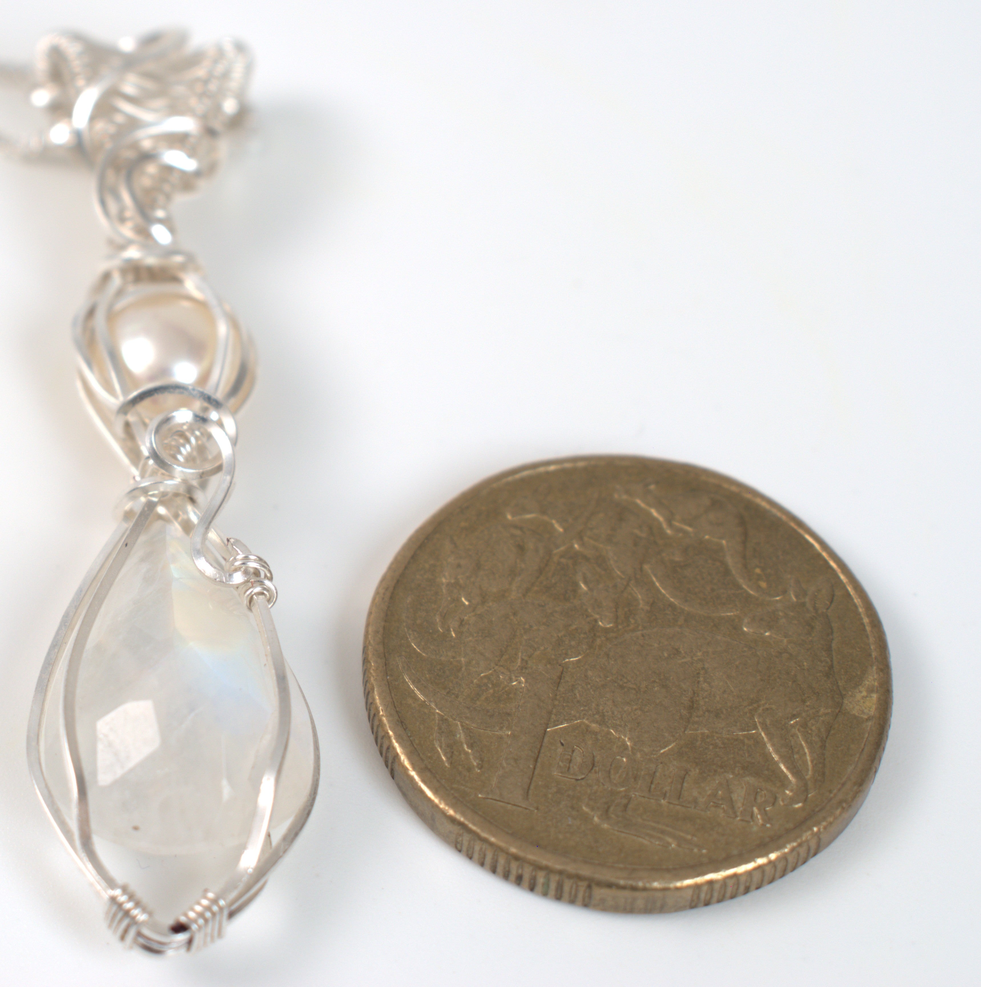 Moonlight Grace - Rainbow Moonstone & Pearl Wire Wrapped Pendant