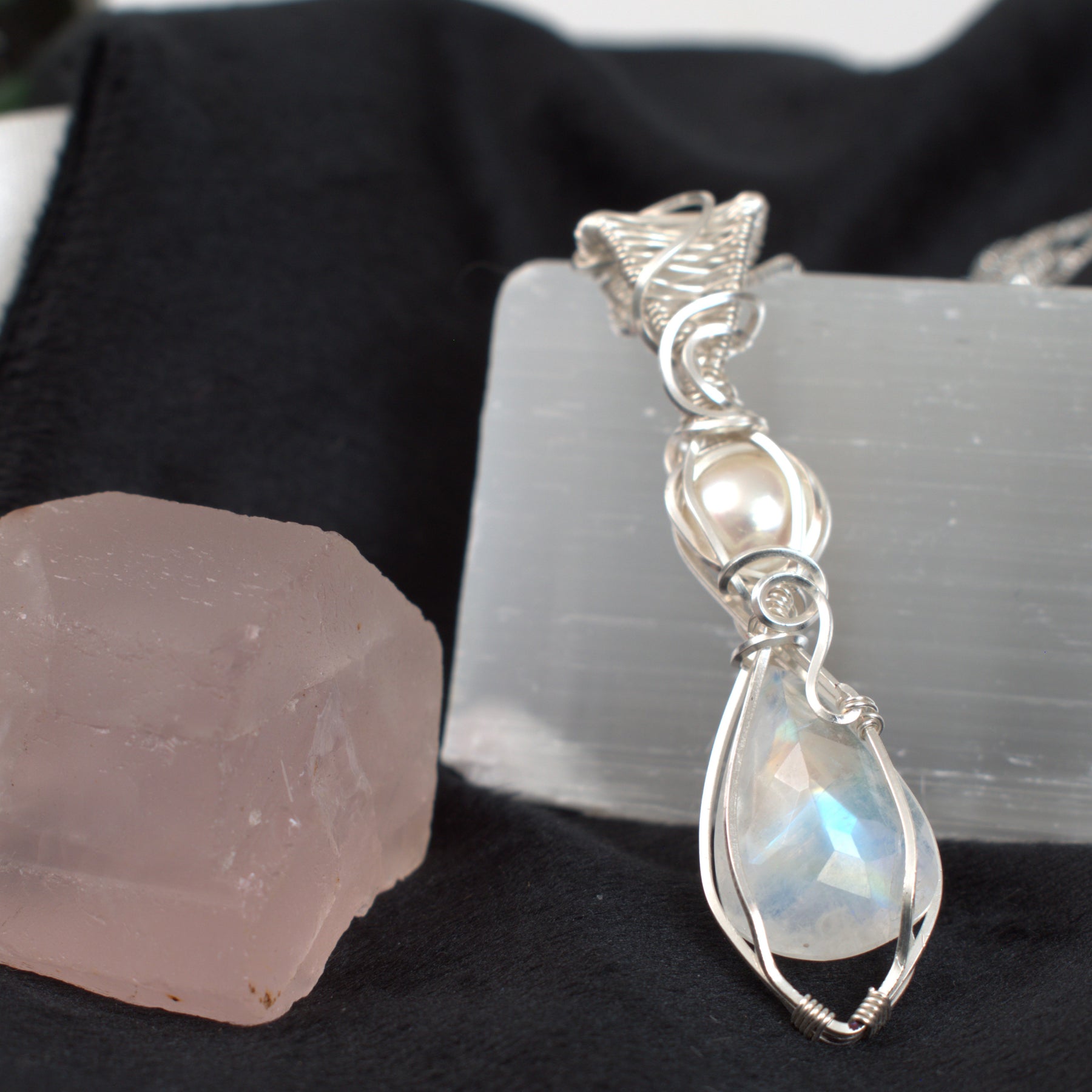 Moonlight Grace - Rainbow Moonstone & Pearl Wire Wrapped Pendant