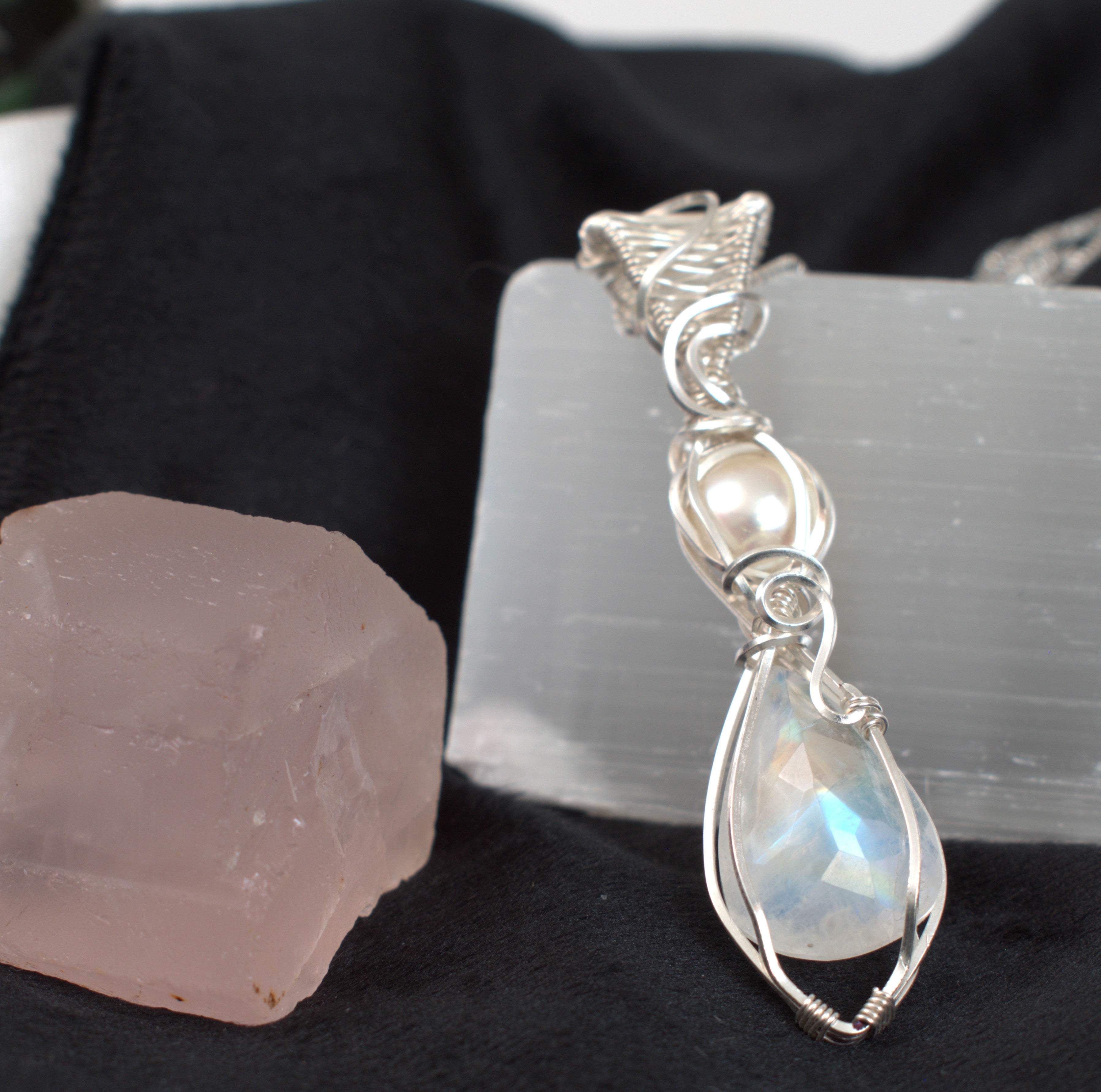 Moonlight Grace - Rainbow Moonstone & Pearl Wire Wrapped Pendant