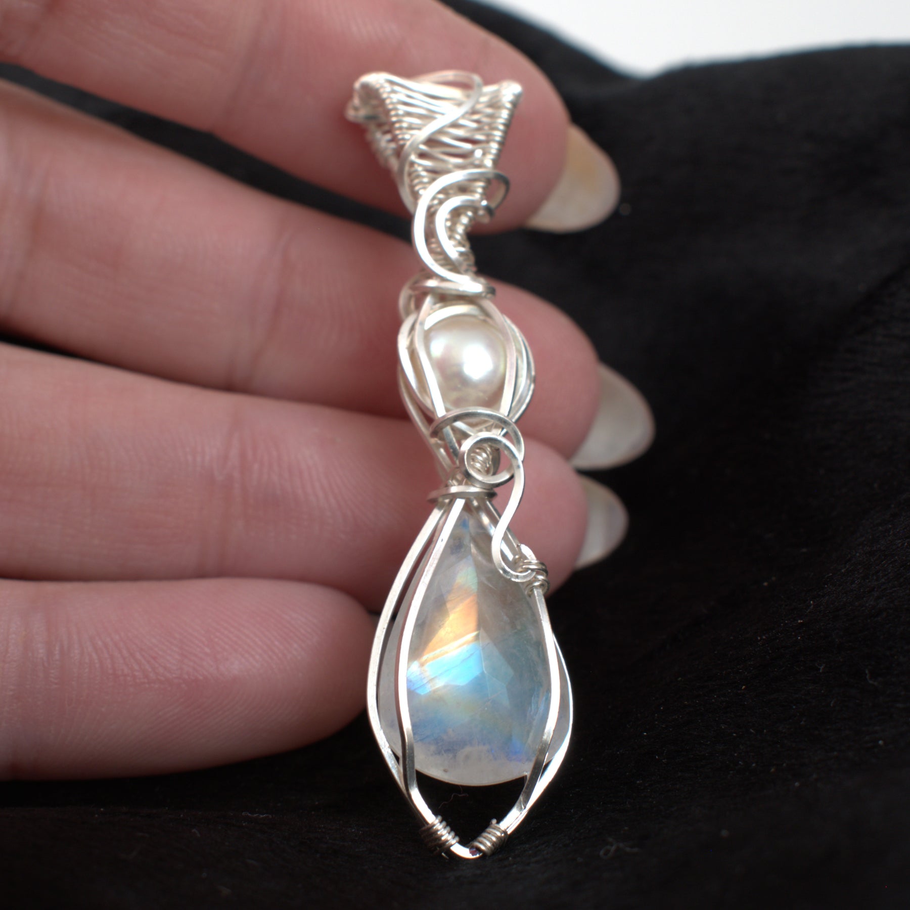 Moonlight Grace - Rainbow Moonstone & Pearl Wire Wrapped Pendant