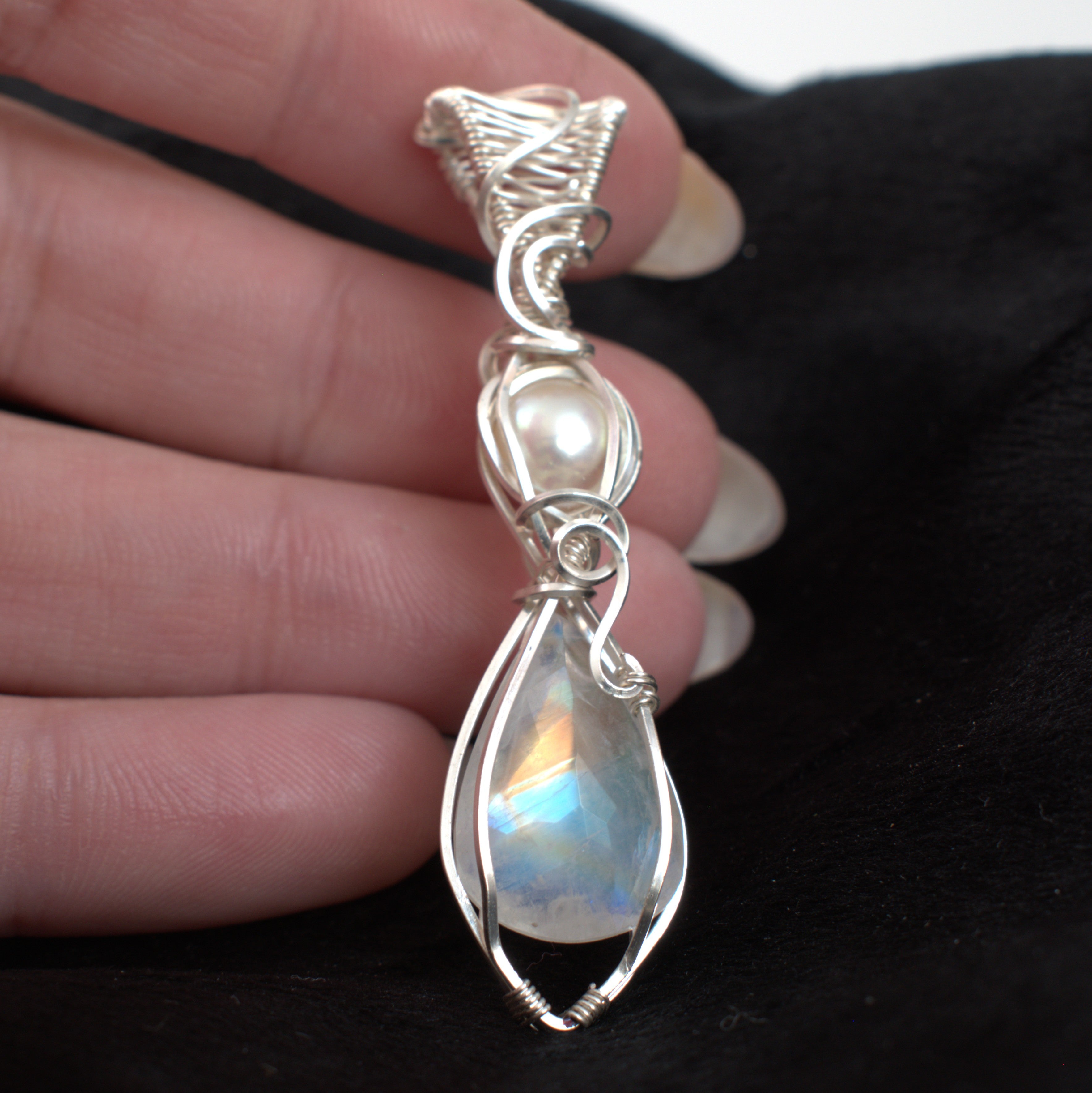 Moonlight Grace - Rainbow Moonstone & Pearl Wire Wrapped Pendant