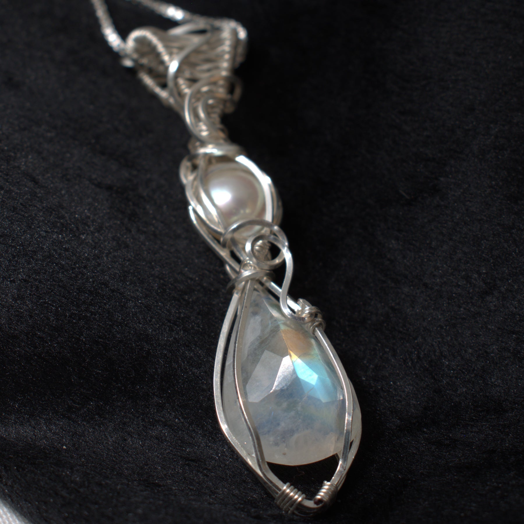 Moonlight Grace - Rainbow Moonstone & Pearl Wire Wrapped Pendant
