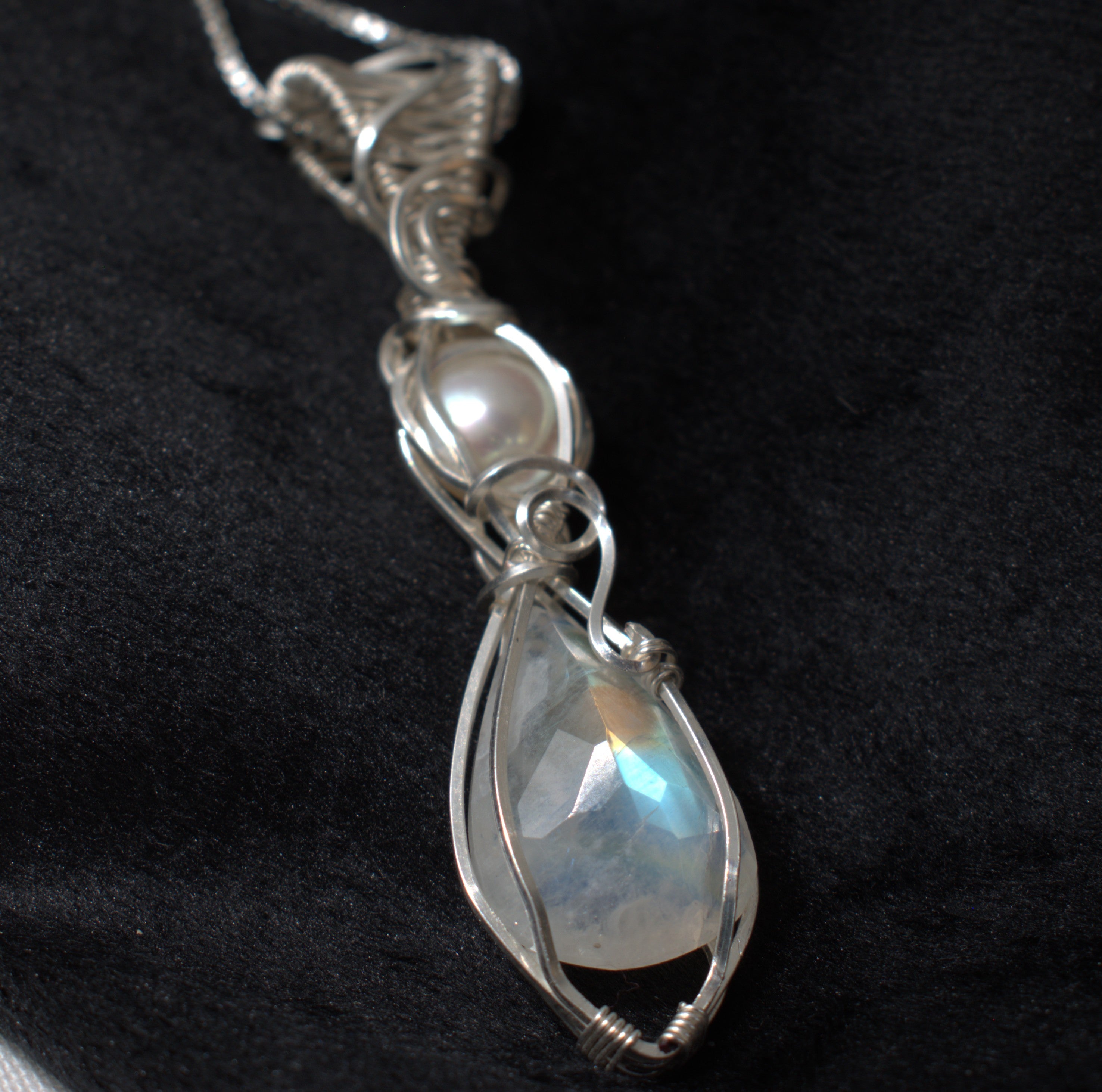 Moonlight Grace - Rainbow Moonstone & Pearl Wire Wrapped Pendant