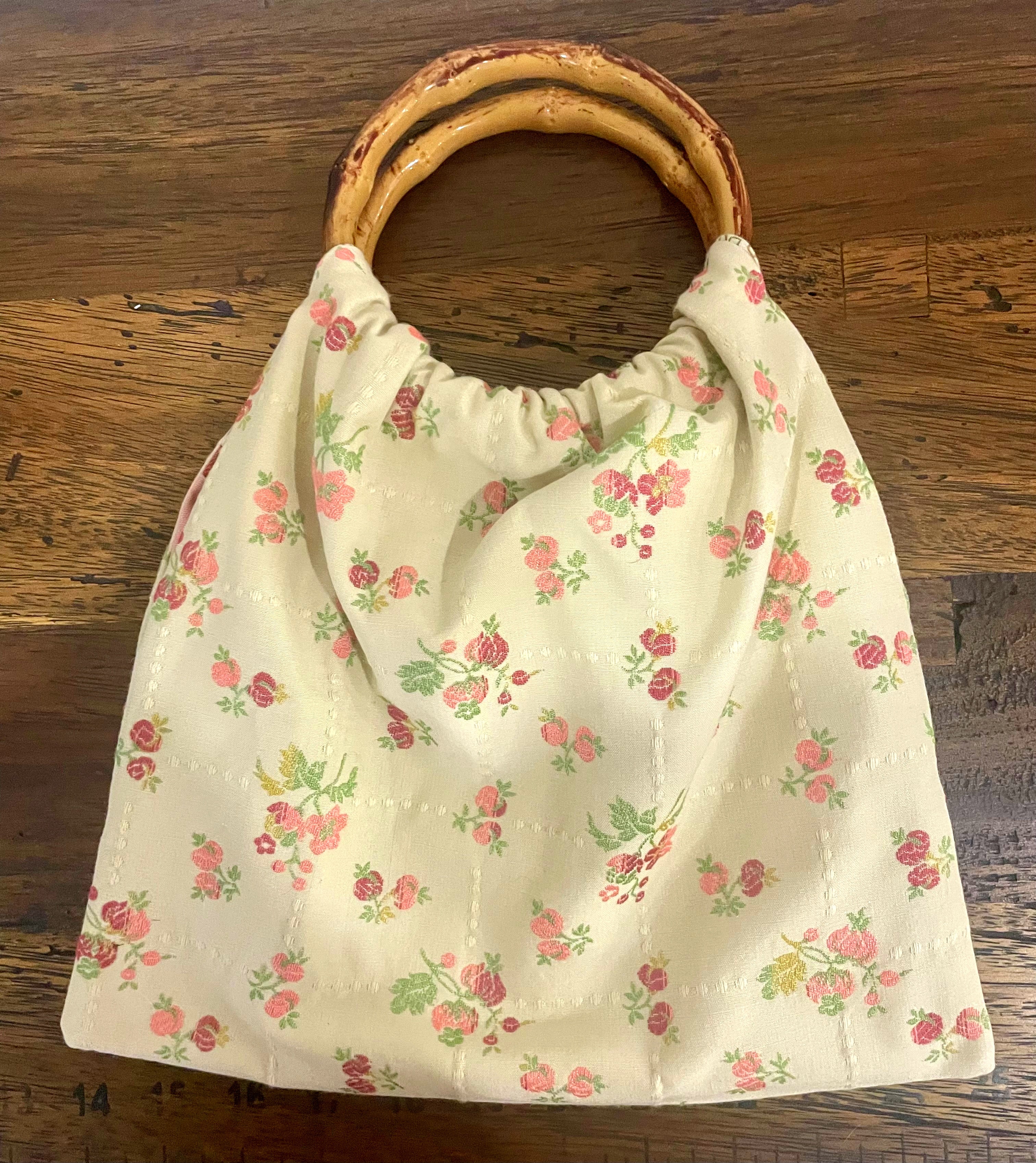 CCream Embroidered Rose Handbag, Bamboo-Style Handles, Handmade