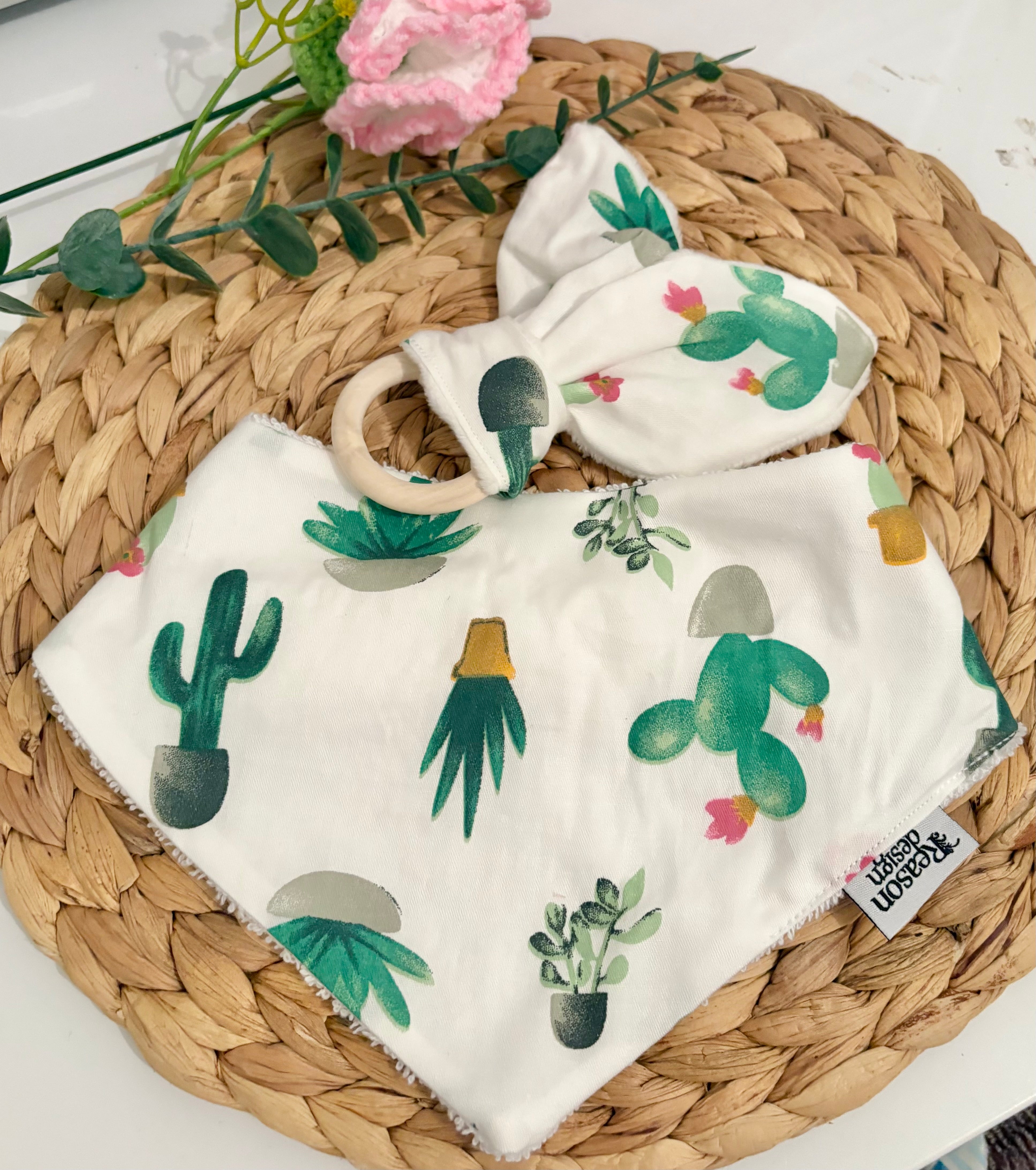 Baby Bib & Wooden Ring Bunny Ear Minky Teether Set
