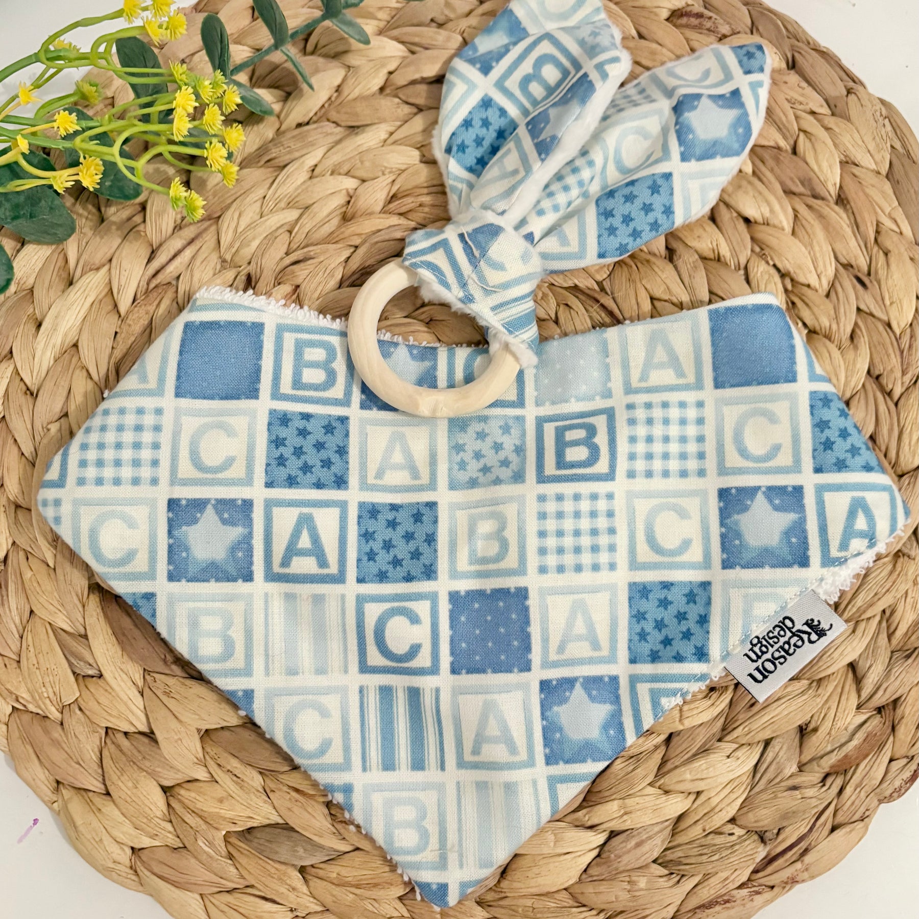 Baby Bib & Wooden Ring Bunny Ear Minky Teether Set