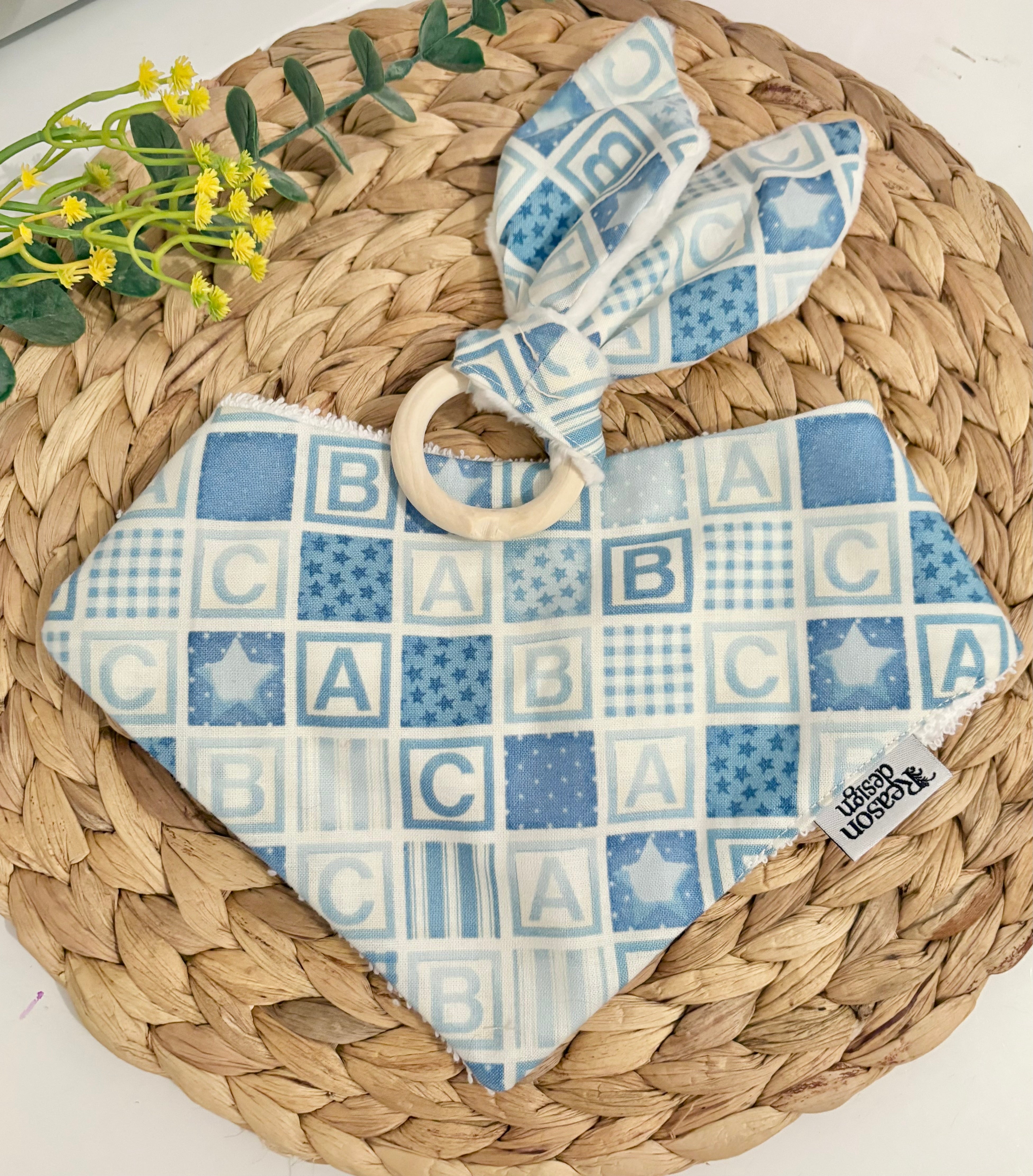 Baby Bib & Wooden Ring Bunny Ear Minky Teether Set