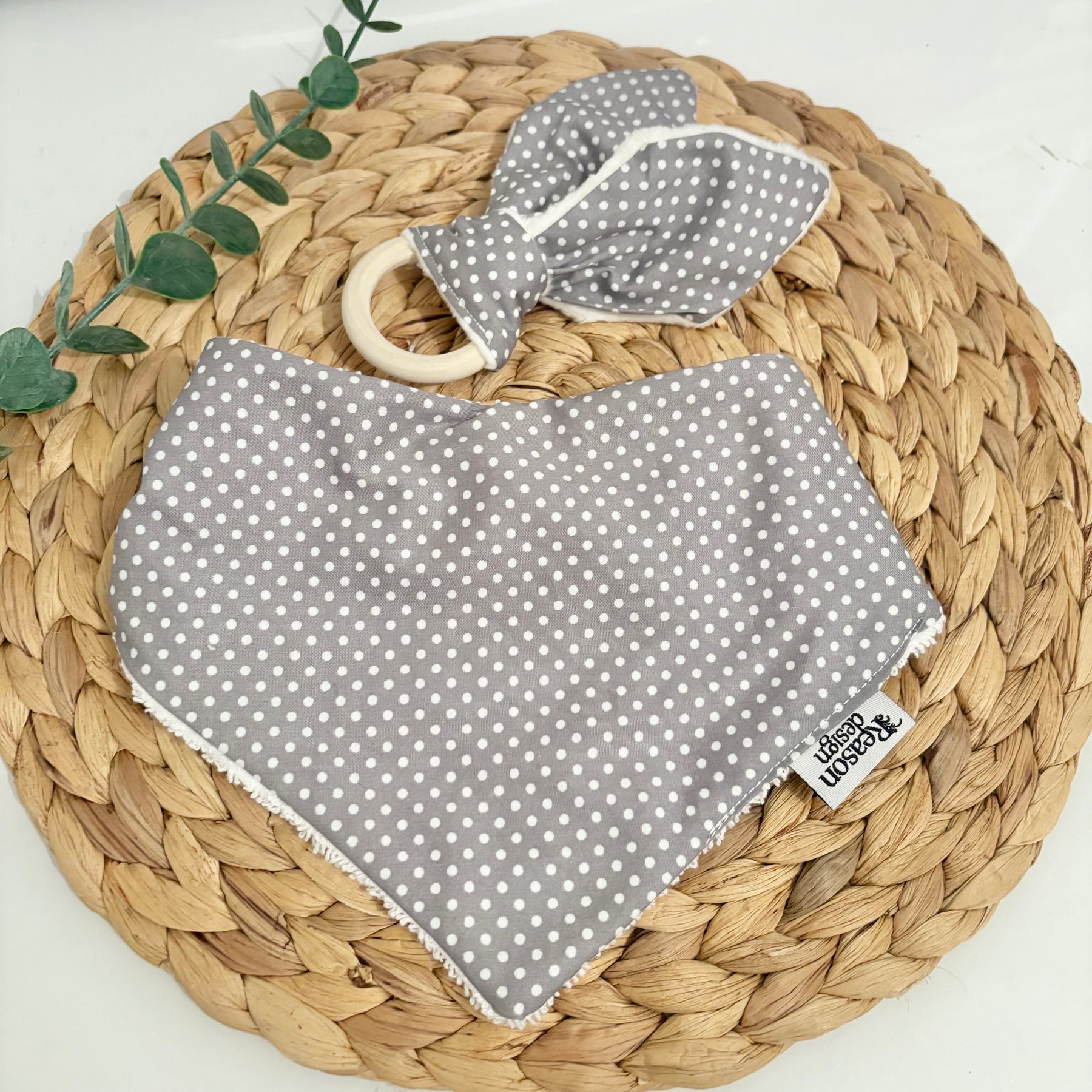 Baby Bib & Wooden Ring Bunny Ear Minky Teether Set