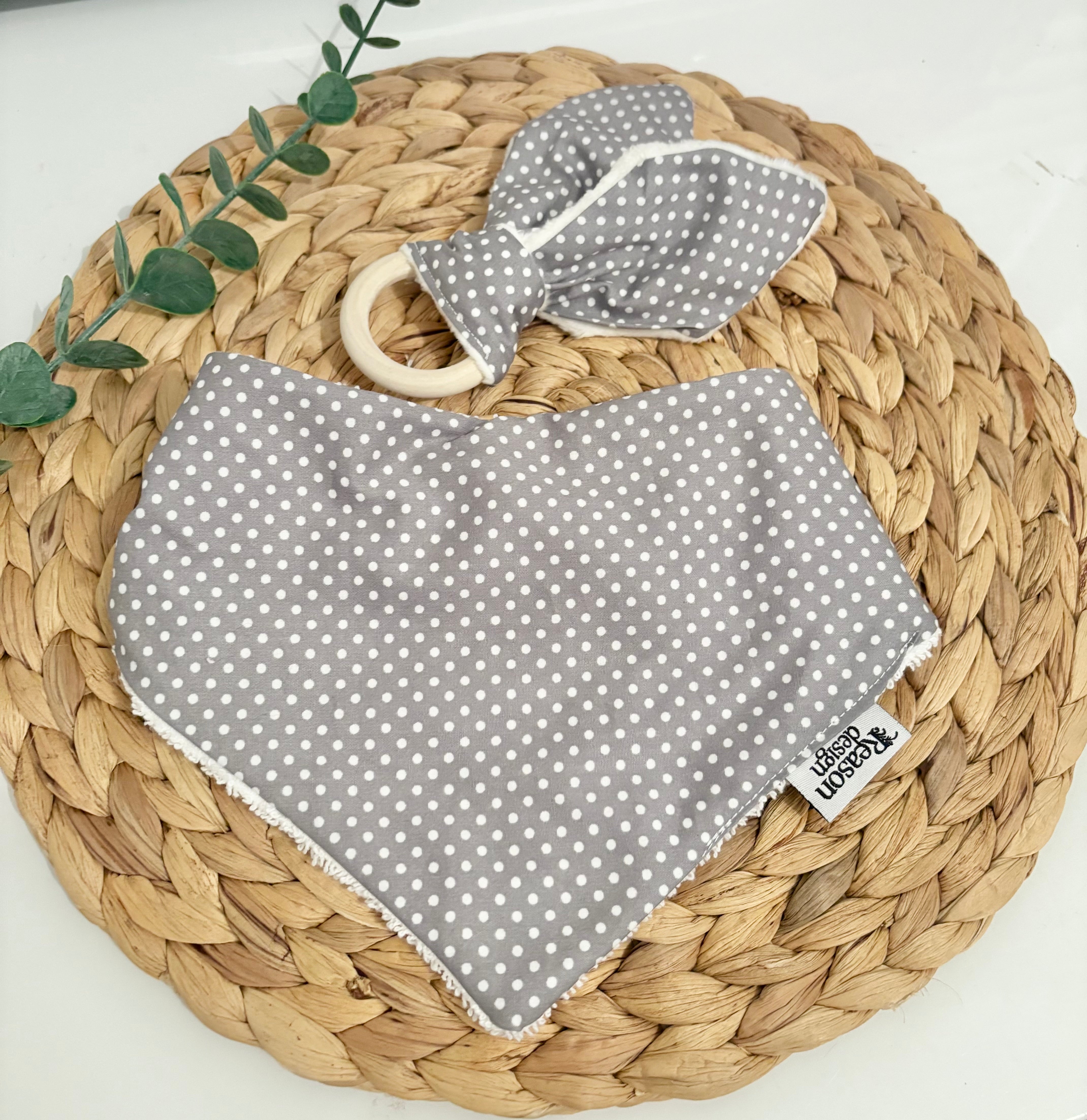 Baby Bib & Wooden Ring Bunny Ear Minky Teether Set