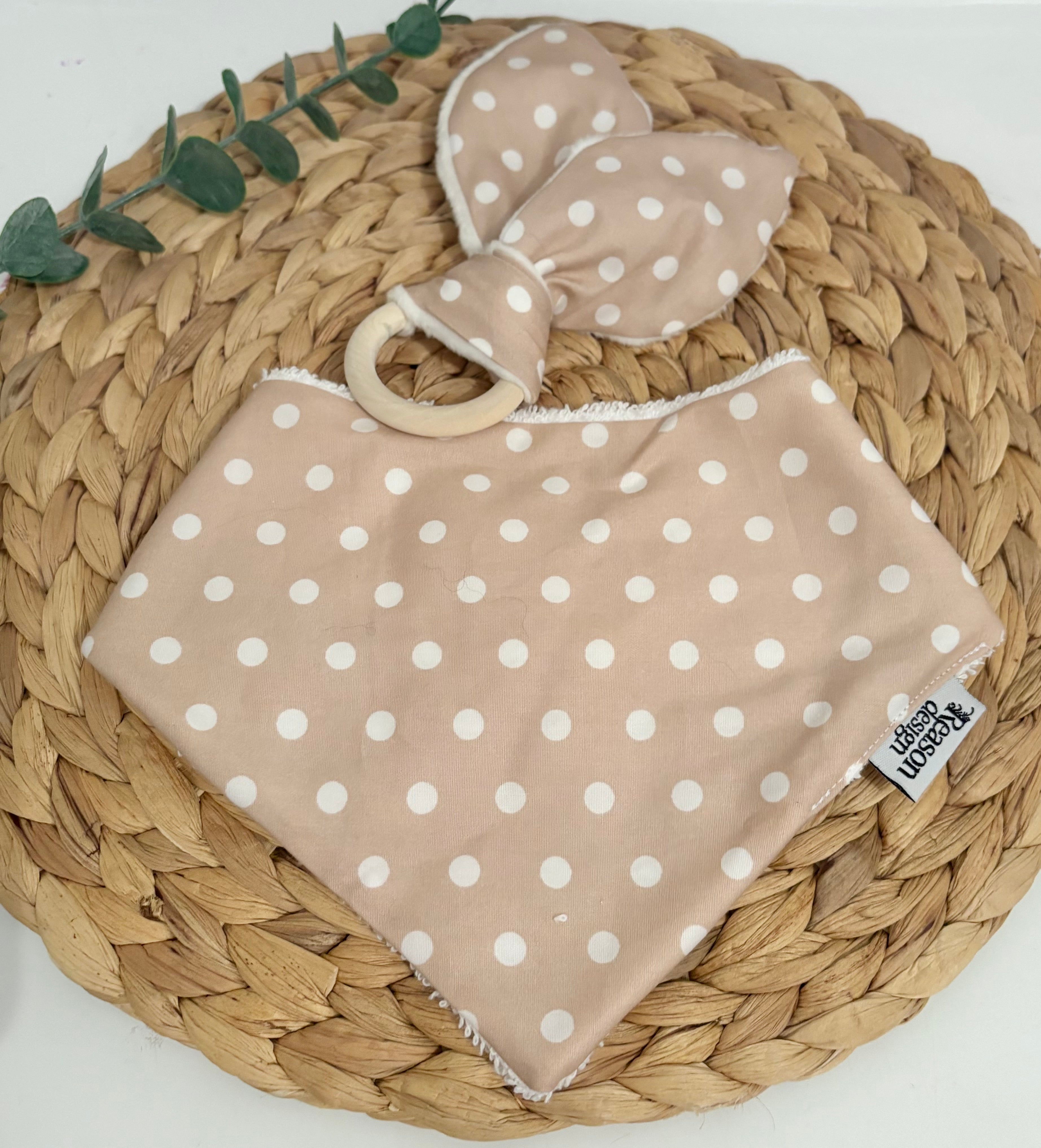 Baby Bib & Wooden Ring Bunny Ear Minky Teether Set