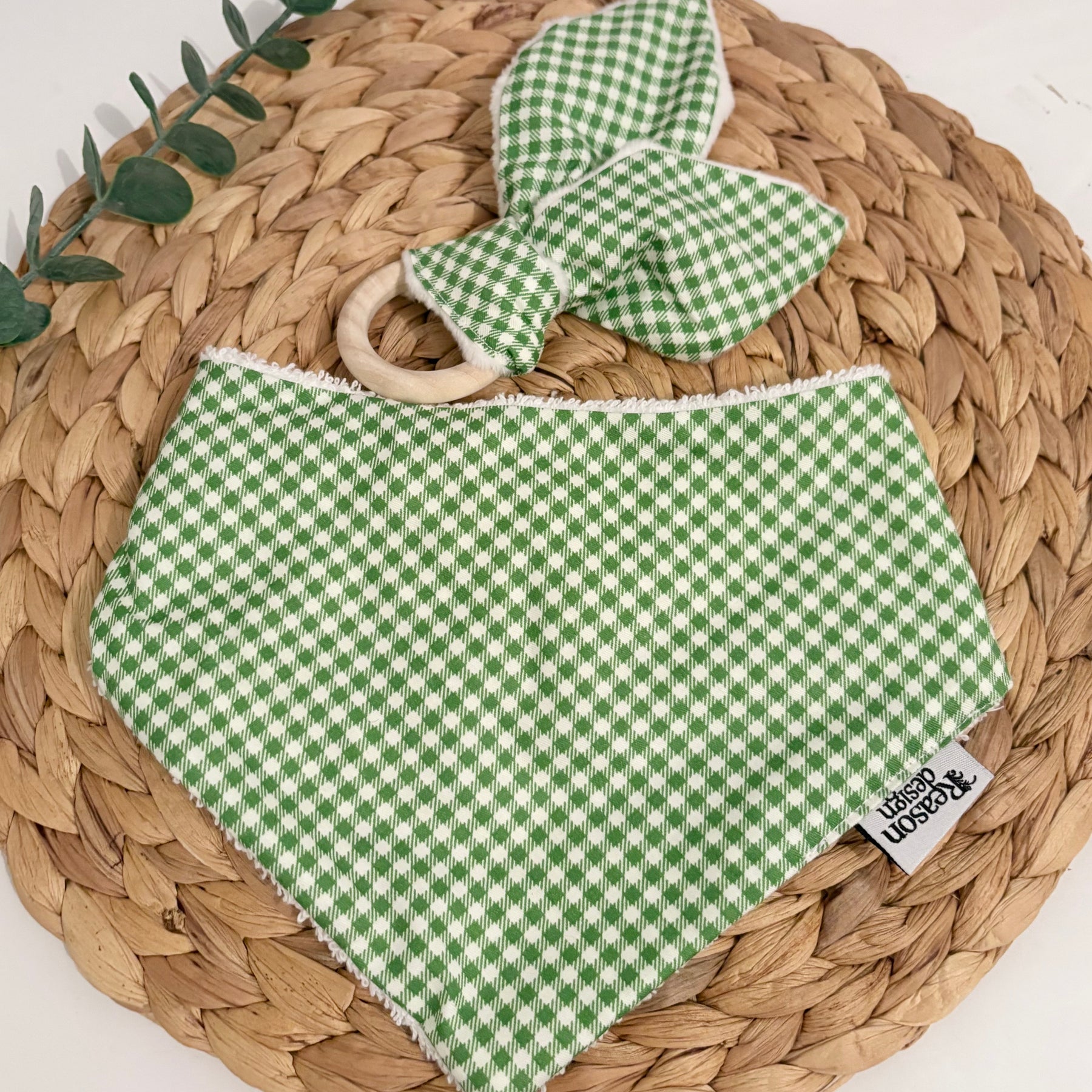 Baby Bib & Wooden Ring Bunny Ear Minky Teether Set