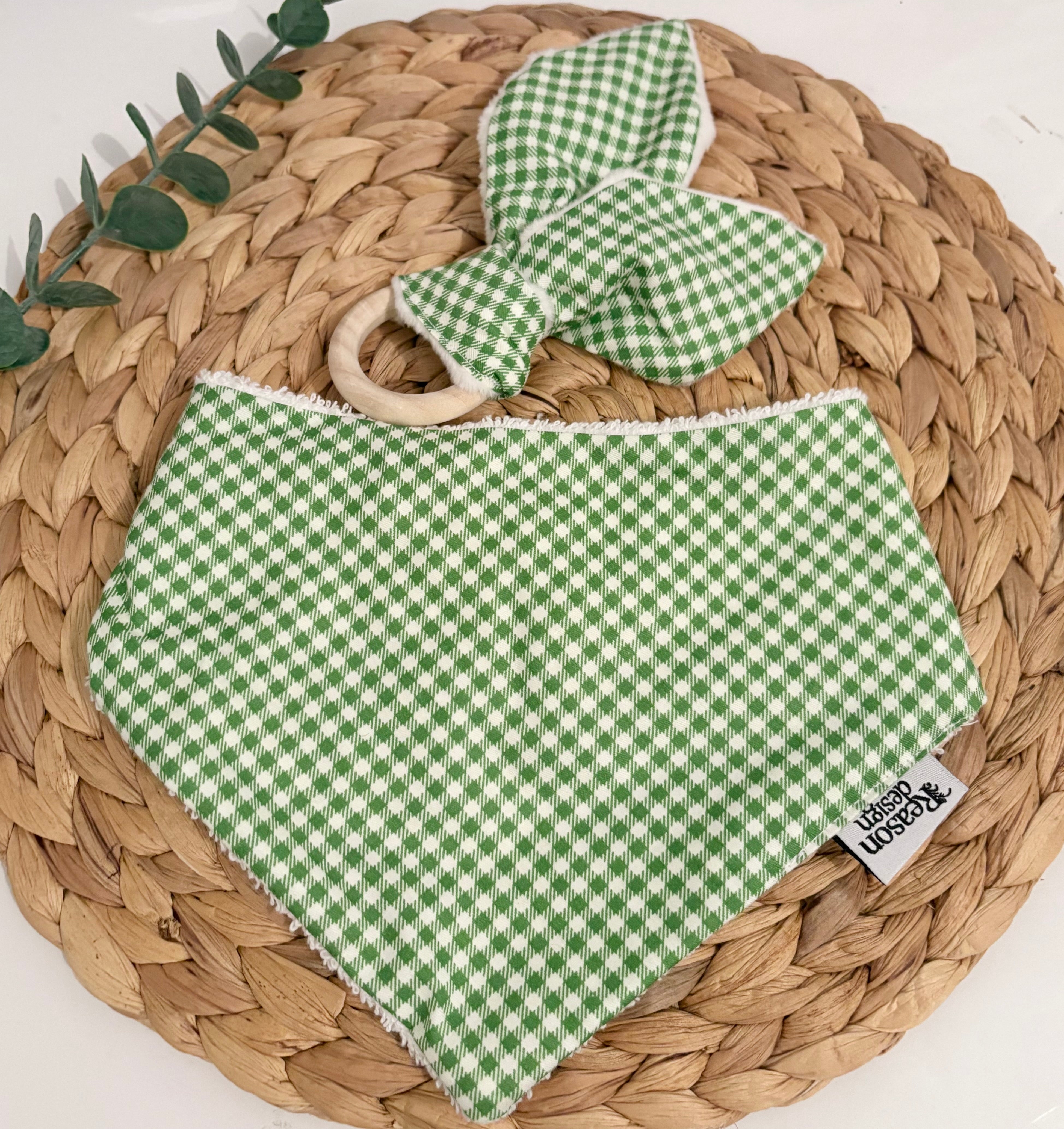 Baby Bib & Wooden Ring Bunny Ear Minky Teether Set