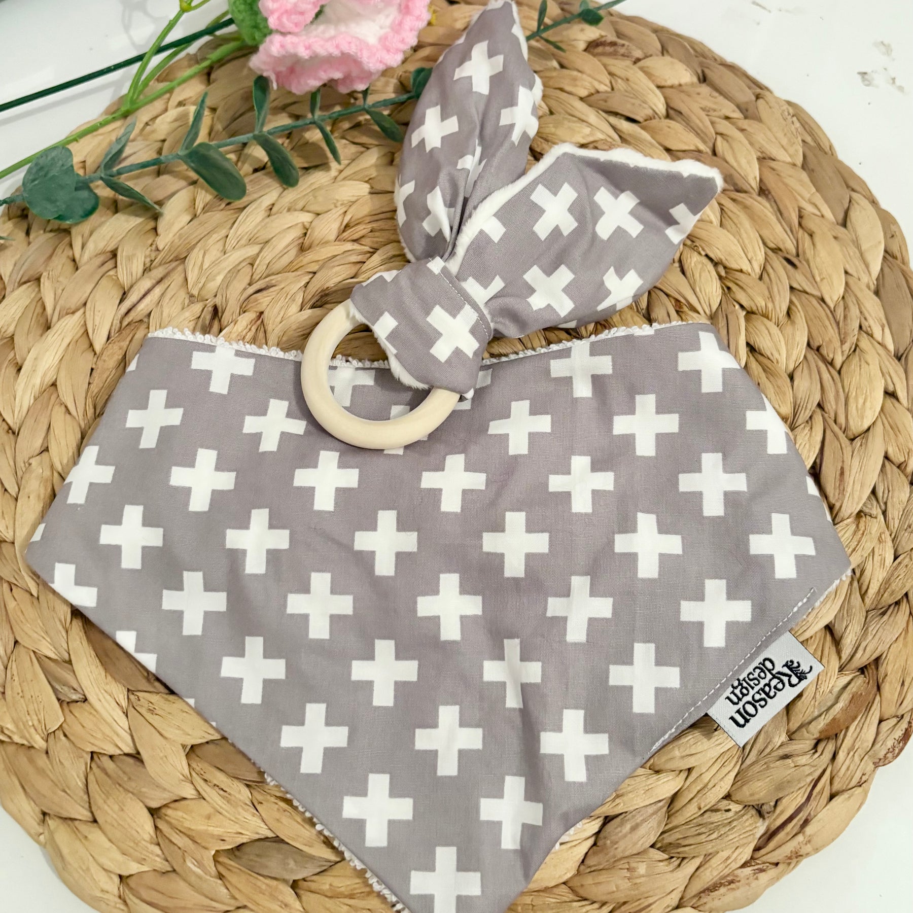 Baby Bib & Wooden Ring Bunny Ear Minky Teether Set