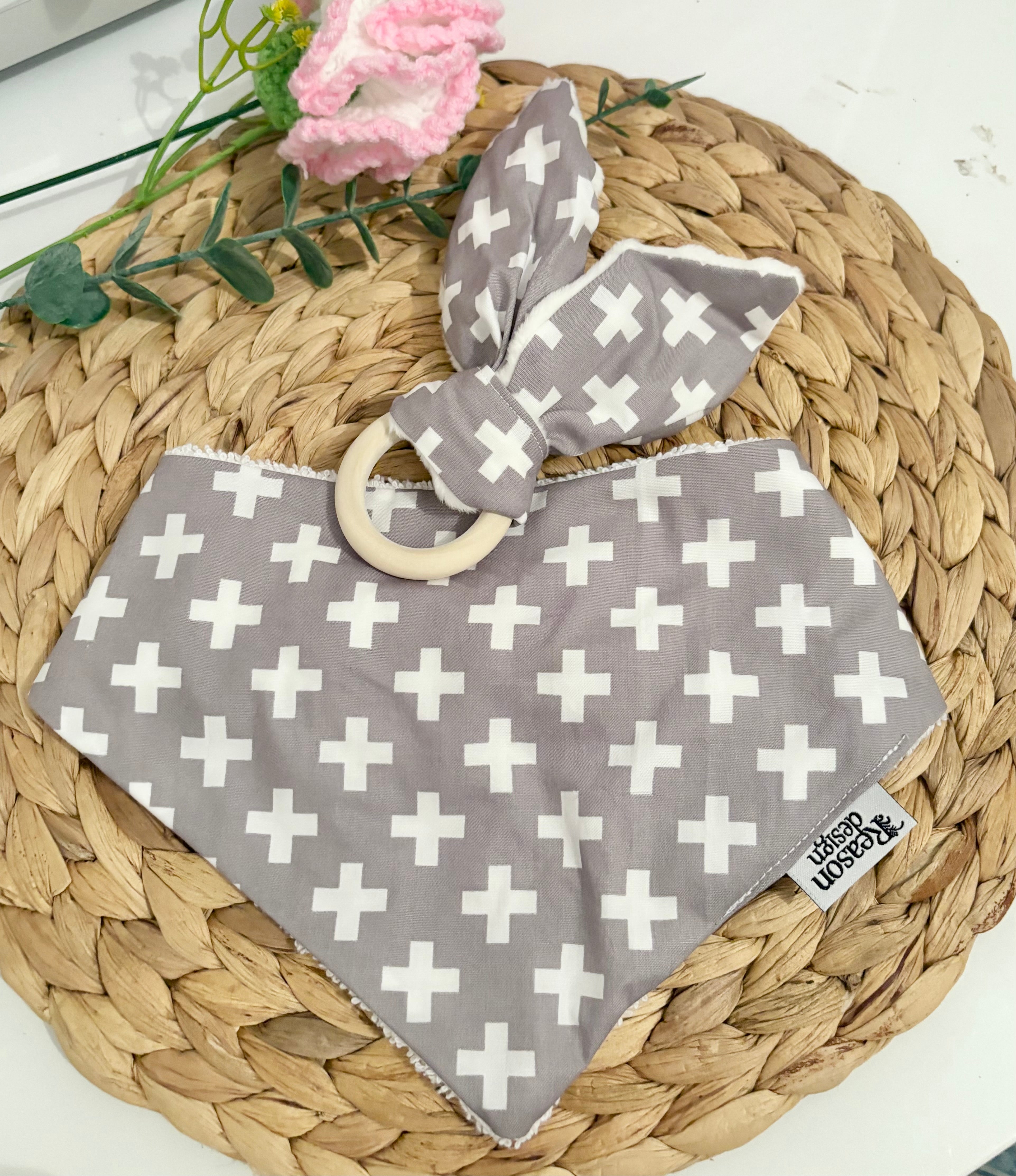 Baby Bib & Wooden Ring Bunny Ear Minky Teether Set