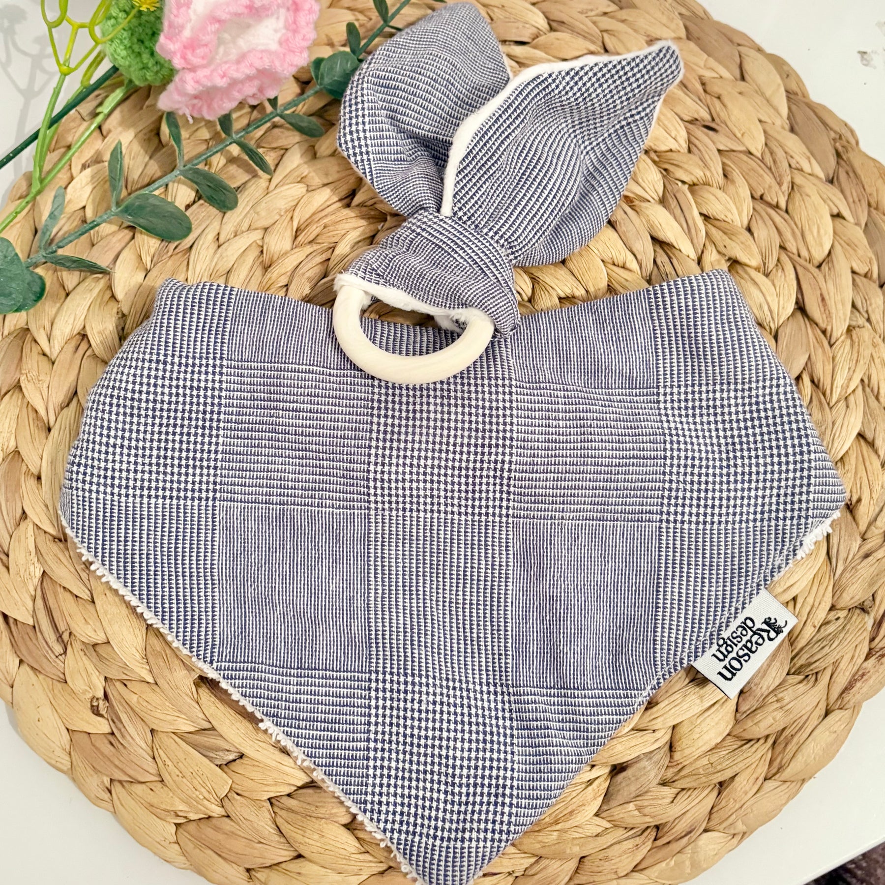 Baby Bib & Wooden Ring Bunny Ear Minky Teether Set