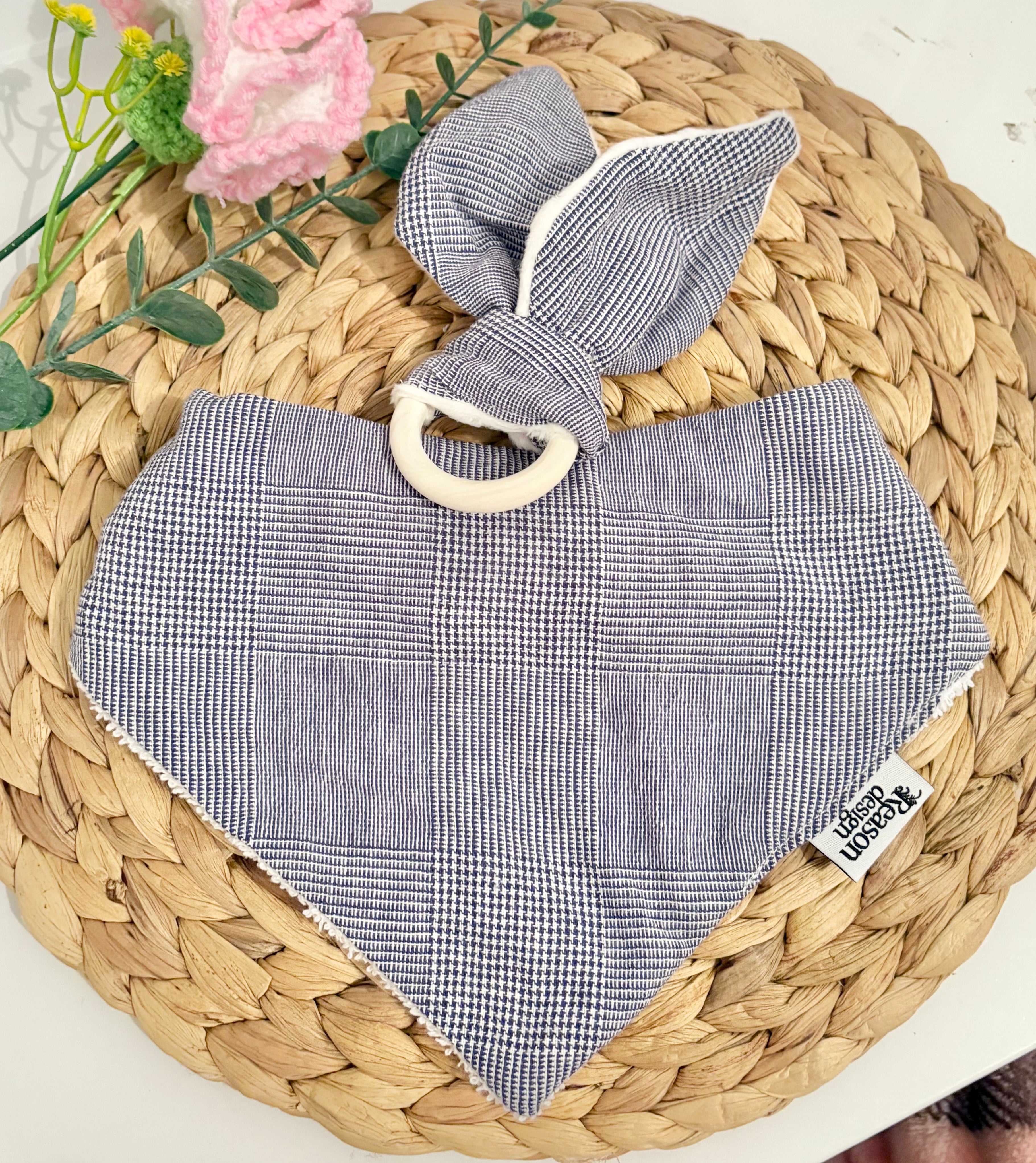 Baby Bib & Wooden Ring Bunny Ear Minky Teether Set