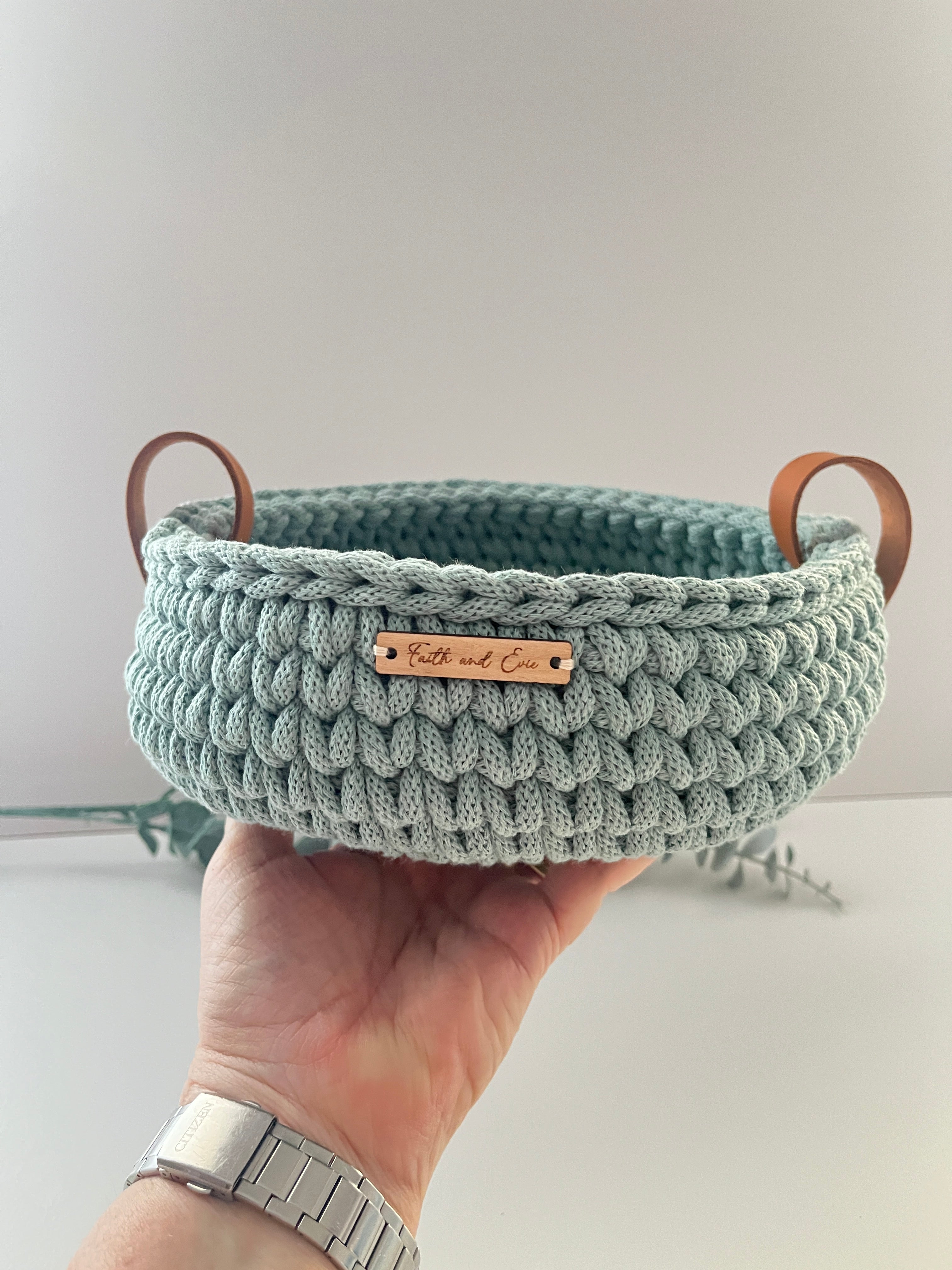 Crochet basket with handles - colour Duck Egg