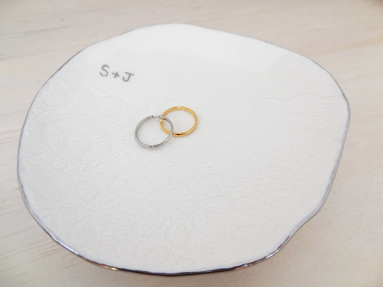 Personalised ring dish with gold or silver initials and rim, Custom Wedding Gift, Anniversary Gift
