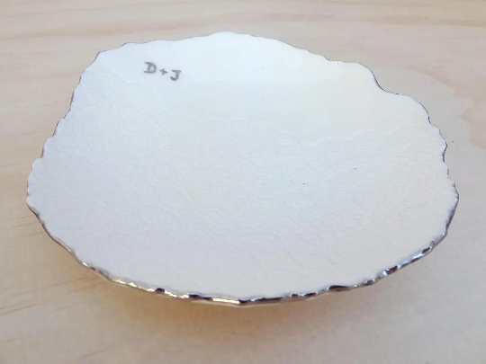 Personalised ring dish with gold or silver initials and rim, Custom Wedding Gift, Anniversary Gift