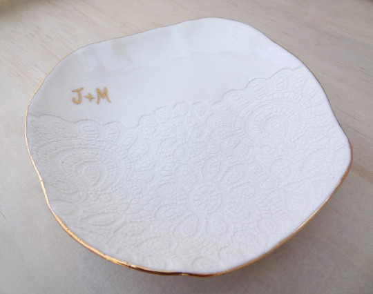 Personalised ring dish with gold or silver initials and rim, Custom Wedding Gift, Anniversary Gift