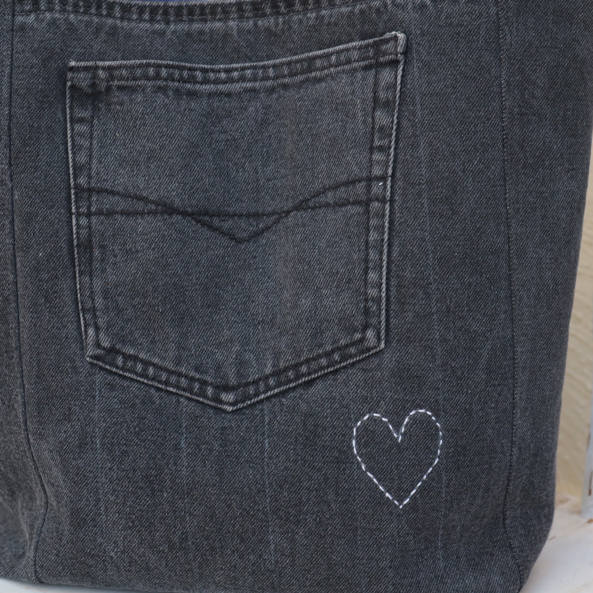 Tote Bag, Hand Dyed with upcycled denim and stenciled motifs