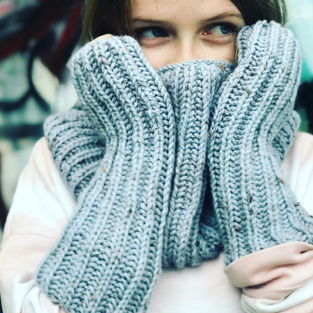 Blue Ribbed Oversized Cowl & Gloves Matching Set