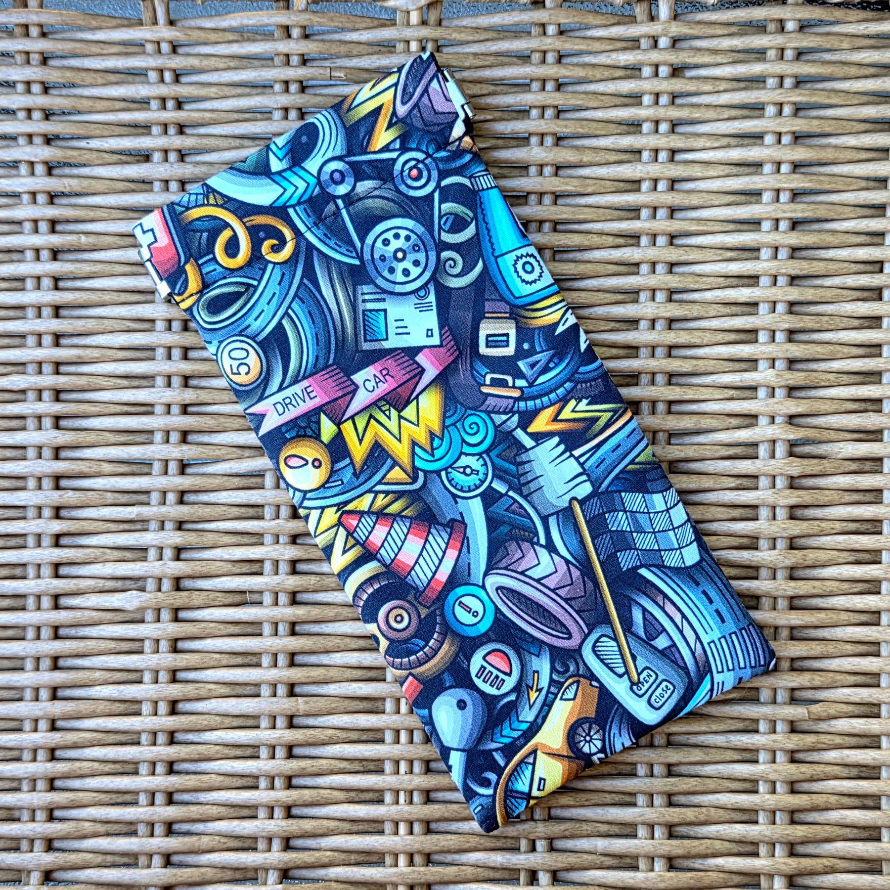 Sunglasses pouch in Colourful Machinery Fabric