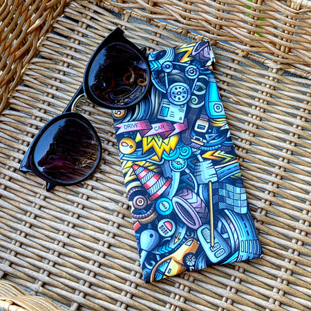 Sunglasses pouch in Colourful Machinery Fabric