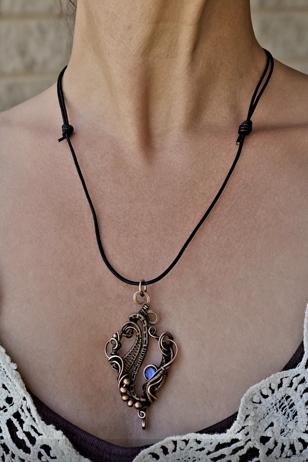 Copper Wire-Wrapped Sapphire CZ Pendant on Adjustable Leather Cord