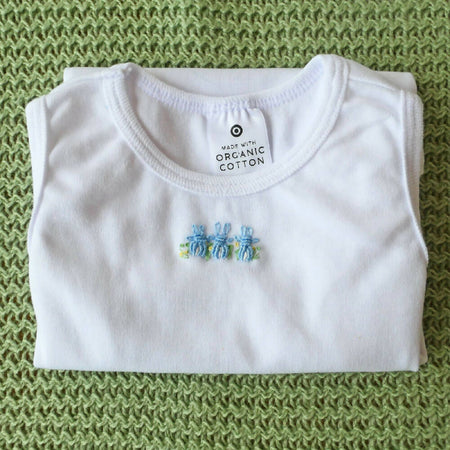 Unique gifts - special baby. Body suits with hand embroidered rabbits.