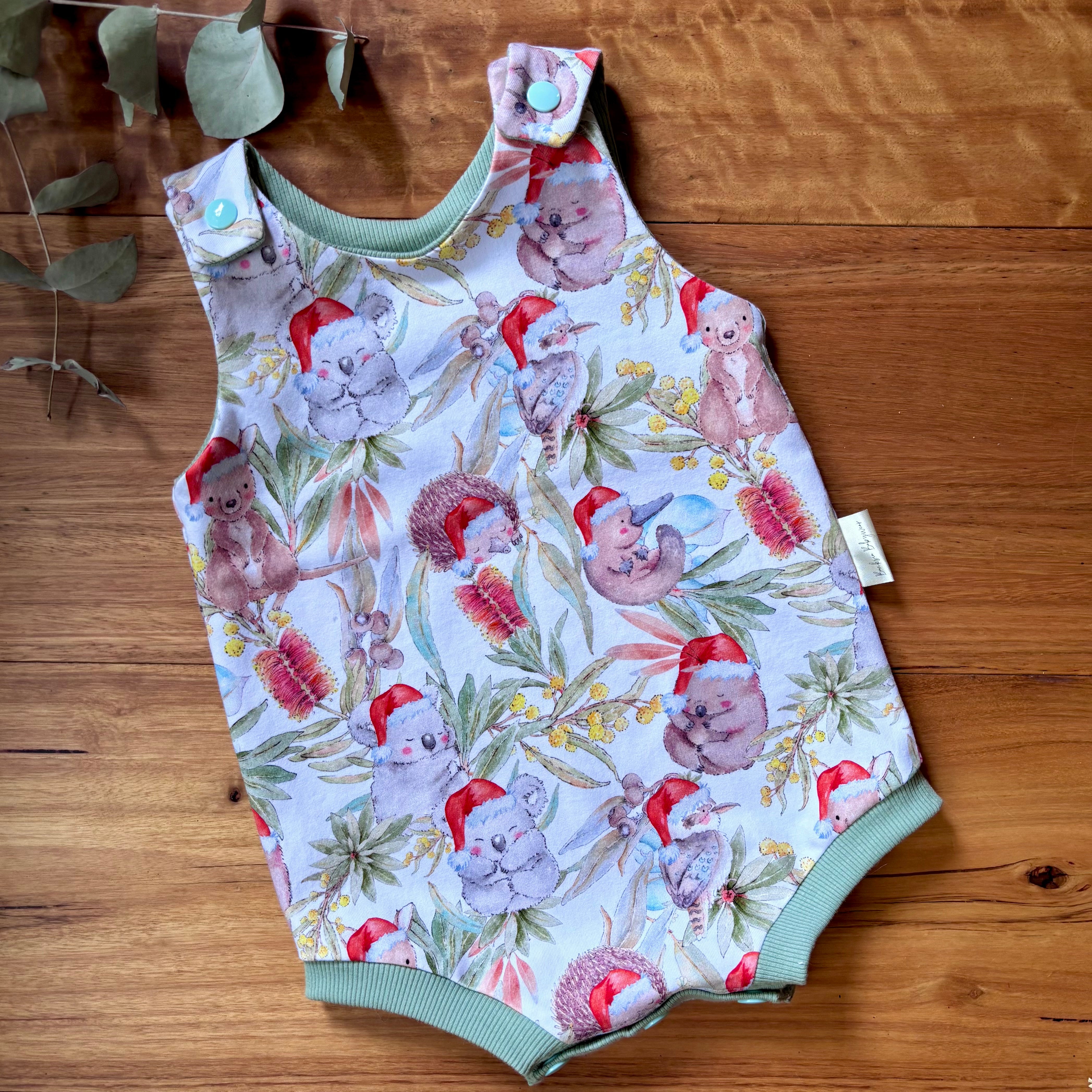 Christmas Baby Summer Romper - Green Aussie Animals